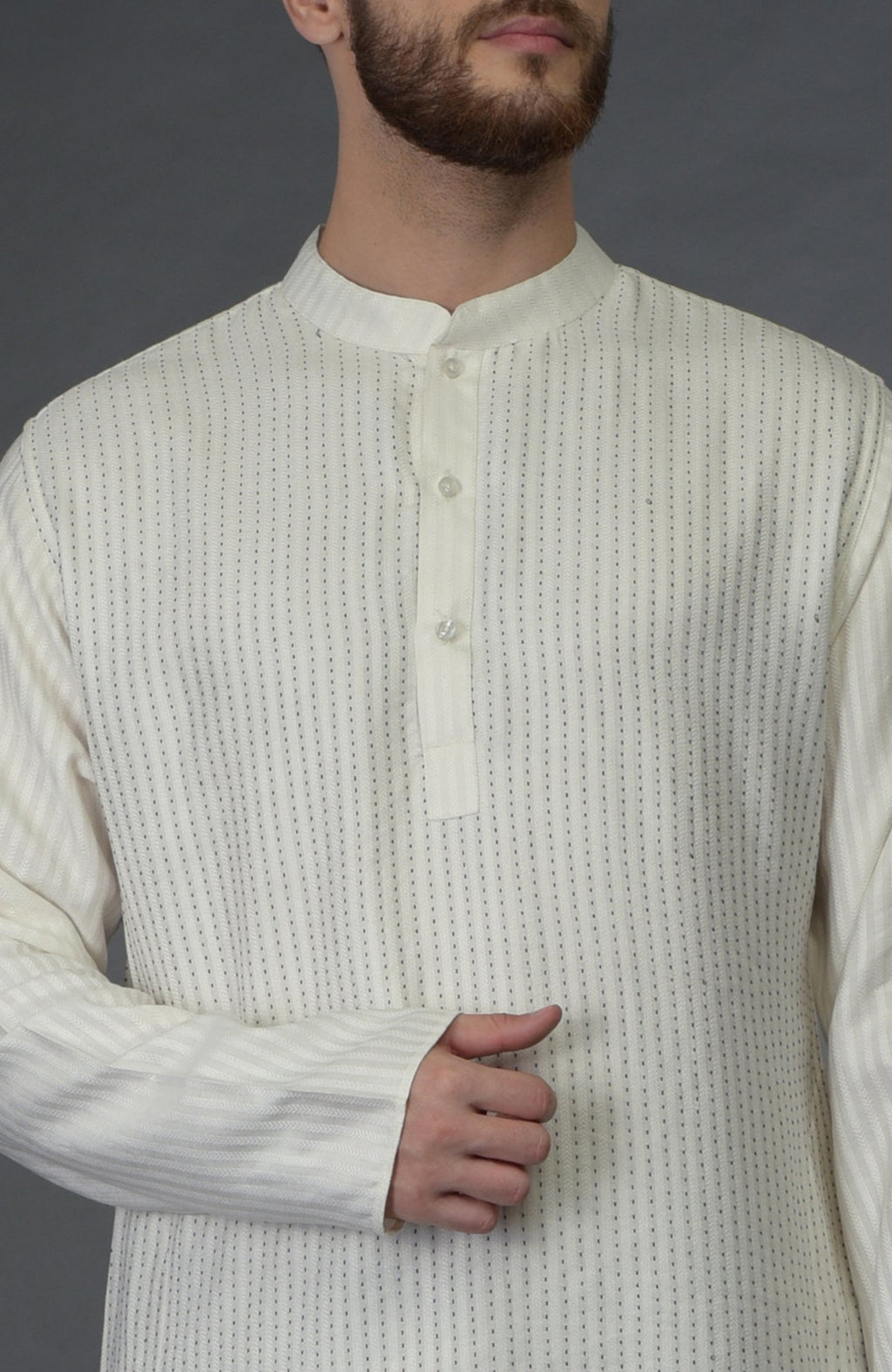 Ivory self weave and black kantha striped silk kurta with a partial button placket.