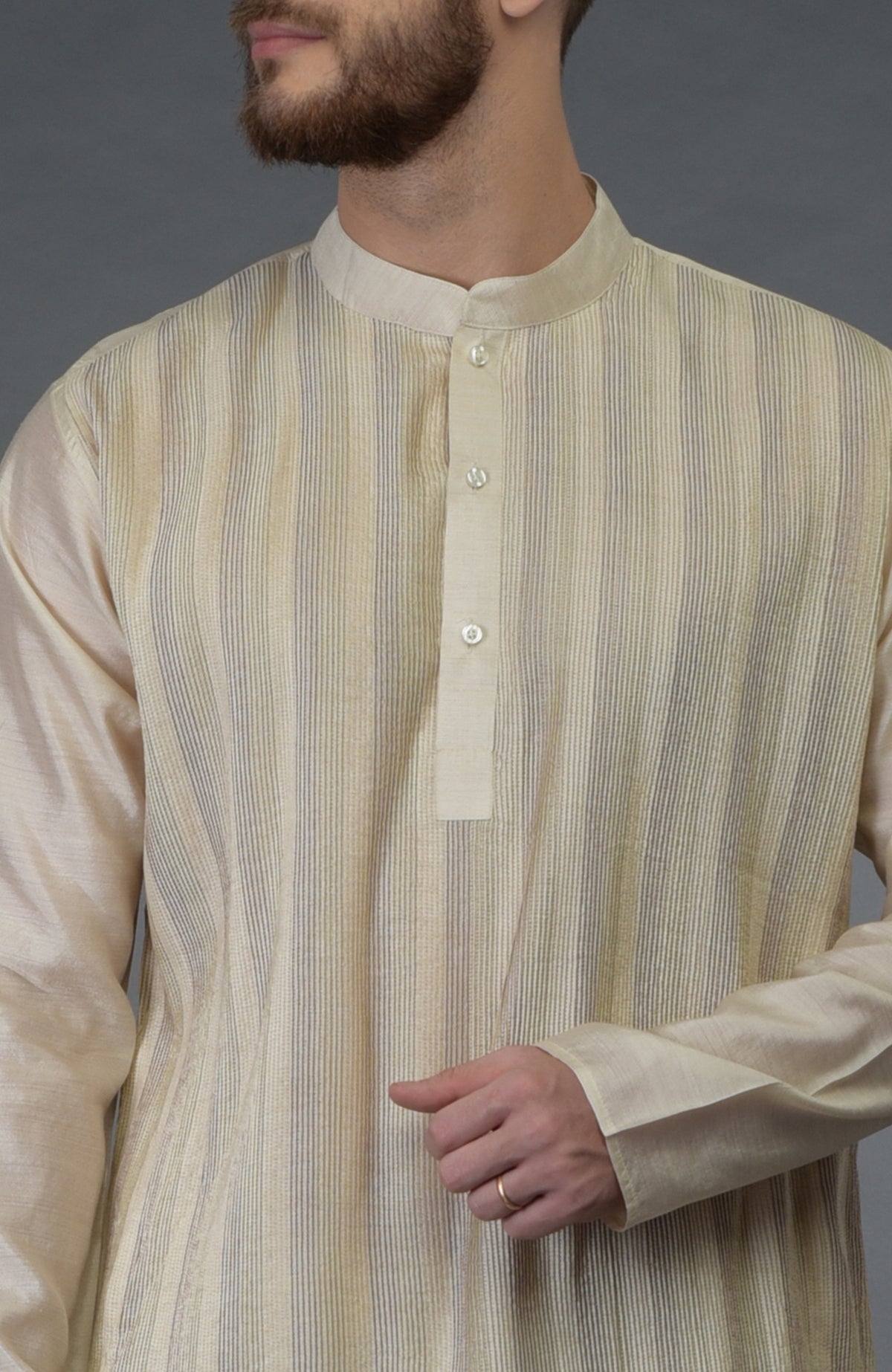 Cream pure silk kurta with pintuck detail and a band collar.