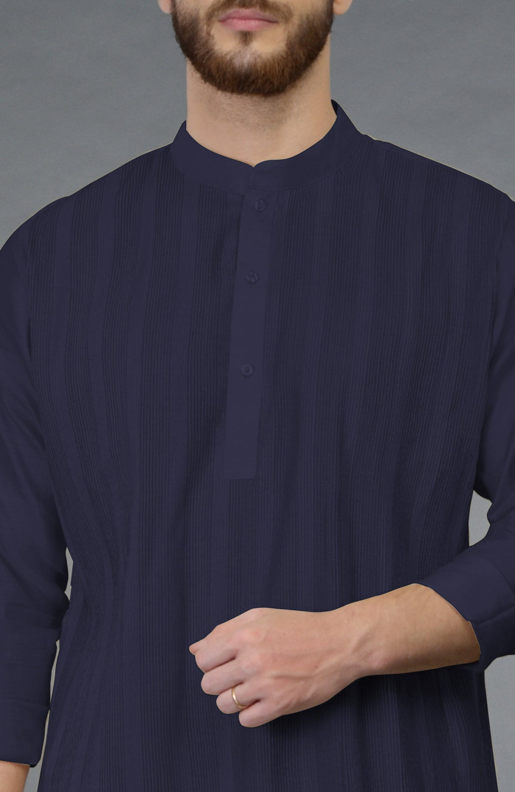 Eclipse blue kurta with pintuck stitch and long sleeves paired with beige gold dhoti salwar pants.