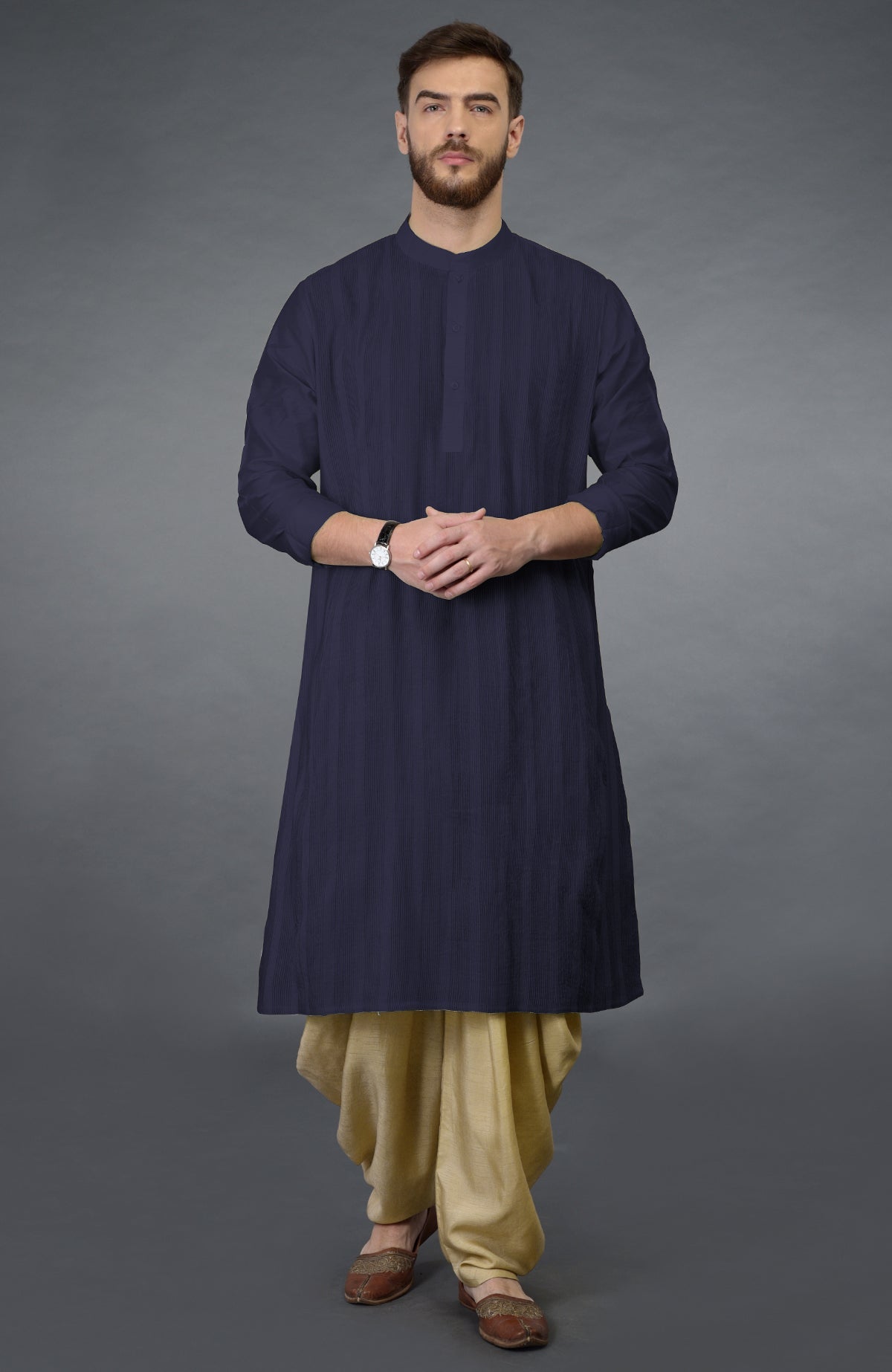 Bottle green long-sleeve kurta with pintuck details paired with beige gold dhoti salwar pants