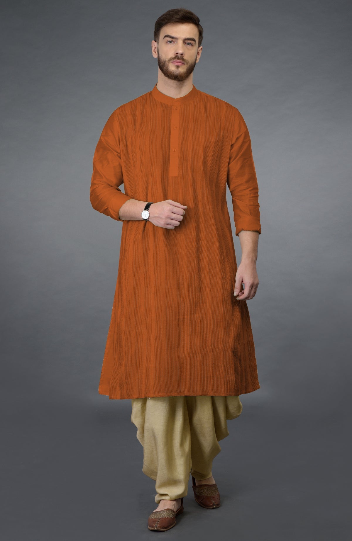 Pomegranate long-sleeve kurta with pintuck details paired with beige gold dhoti salwar pants