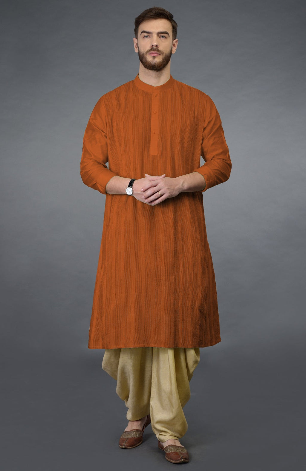 Gold flame kurta with pintuck stitches and beige gold dhoti salwar pants set