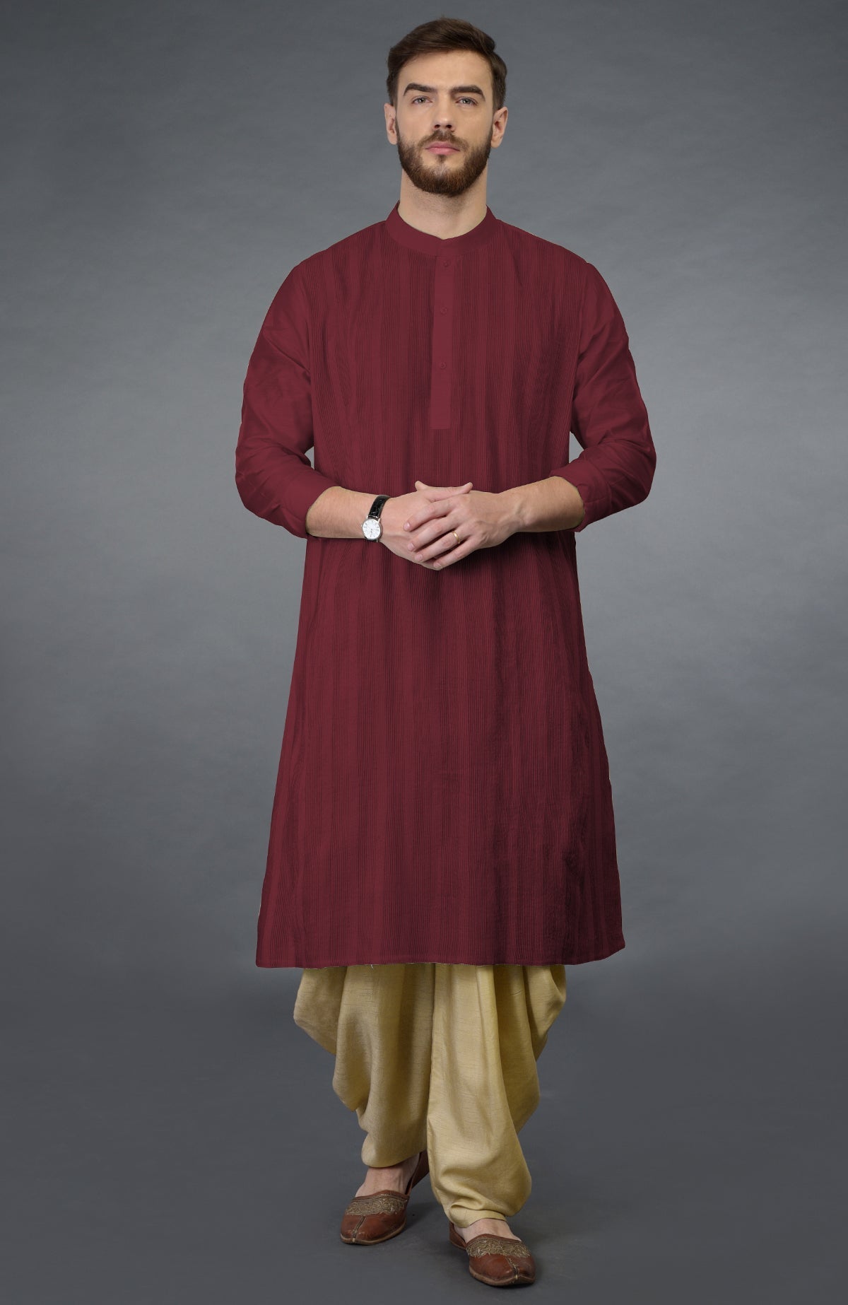 Gold flame kurta with pintuck stitching and beige gold dhoti salwar pants set.