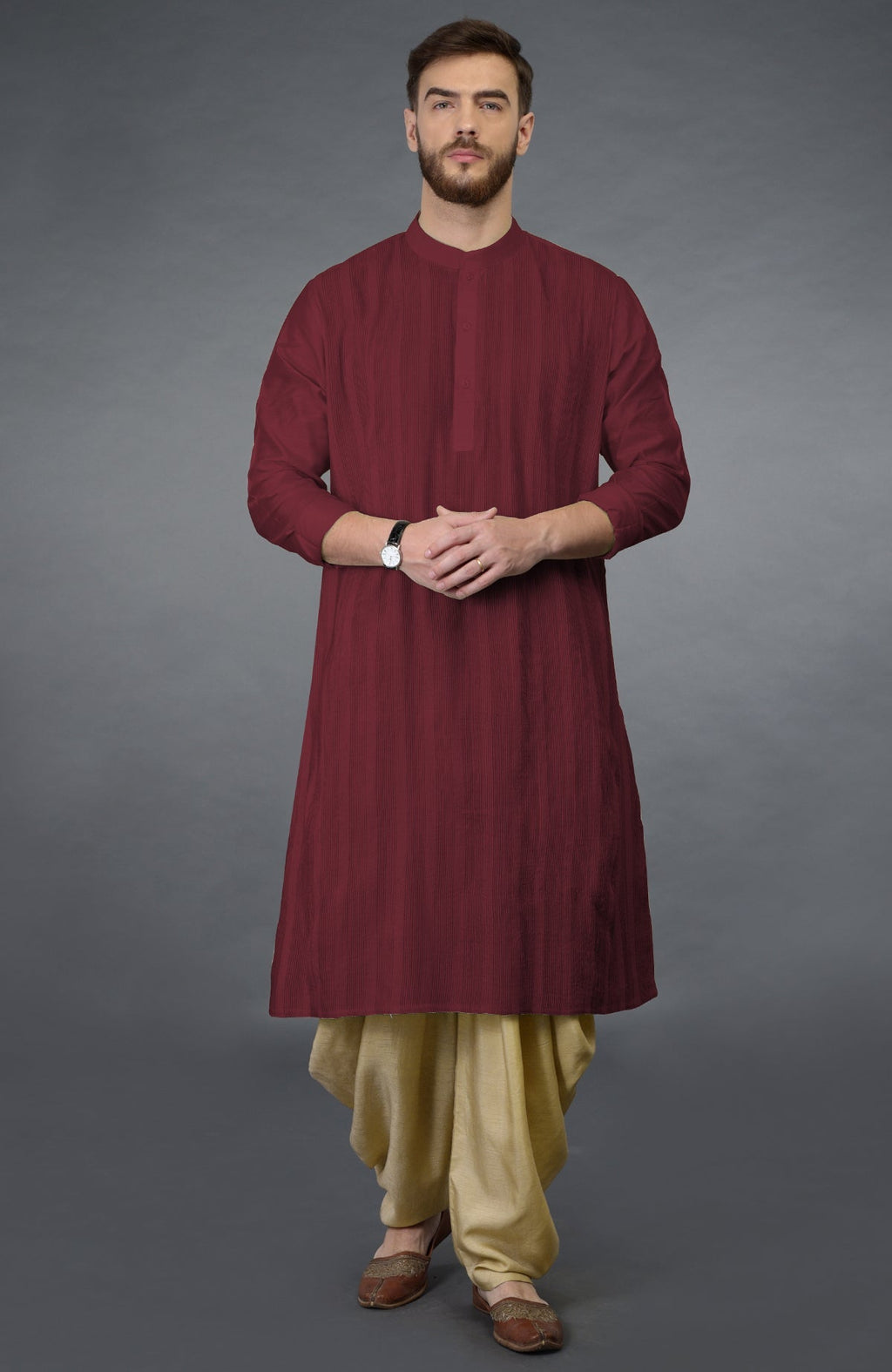 Pomegranate long-sleeve kurta with pintuck stitch and beige gold dhoti salwar pants.
