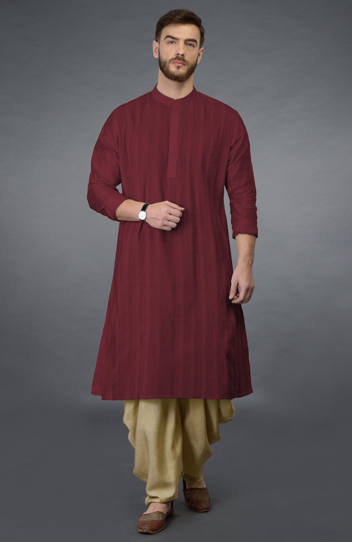 Pomegranate long-sleeve kurta with pintuck stitching paired with beige gold dhoti salwar pants