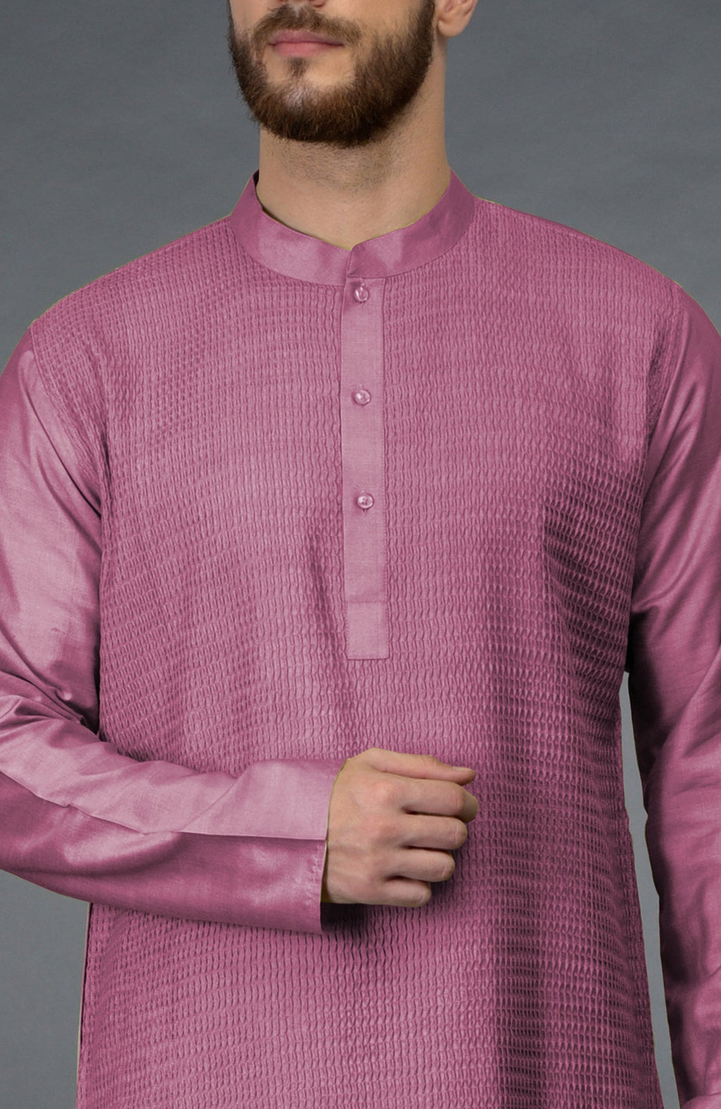 Wine kurta with pintuck detail and a band collar.