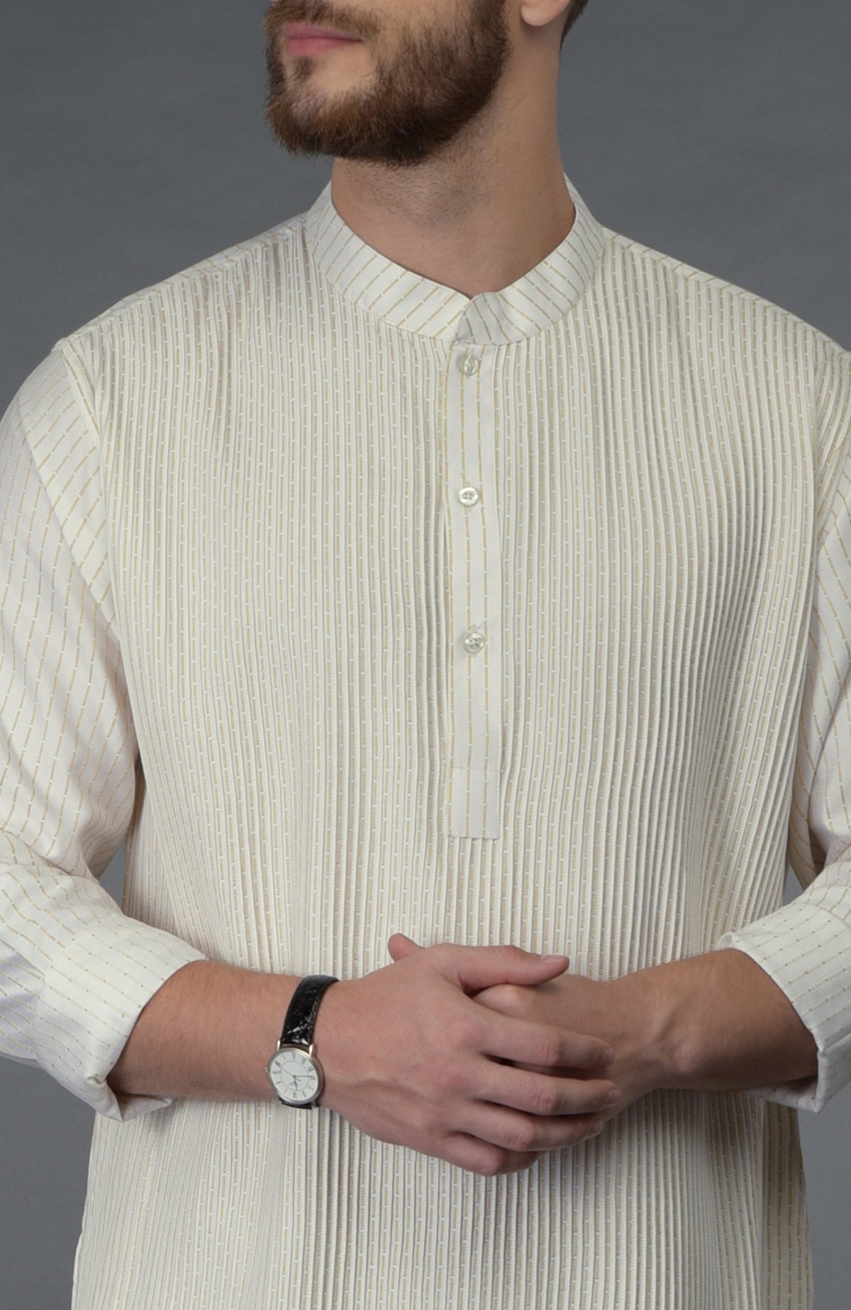 Ivory silk kurta with pintuck detail and beige striped weave.
