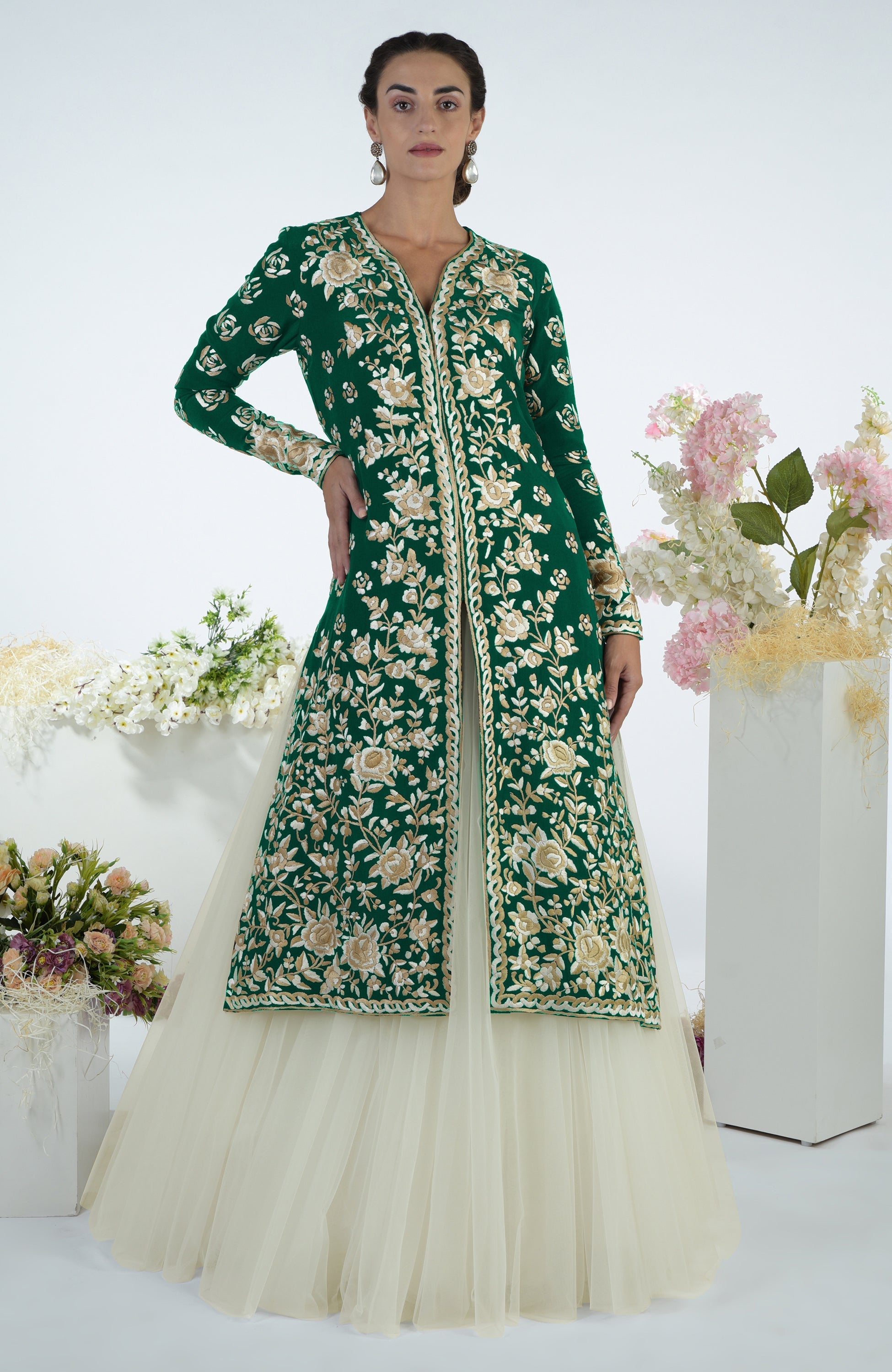 Peacock pink jacket with ivory floral Parsi Gara embroidery and matching full volume tulle skirt
