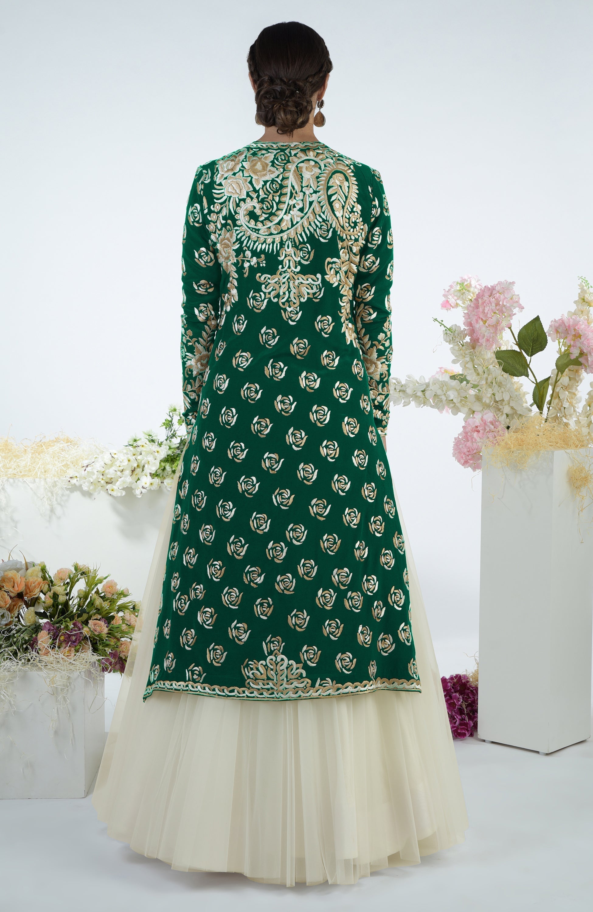 Emerald green jacket with ivory and beige Parsi Gara floral embroidery and matching full tulle skirt.