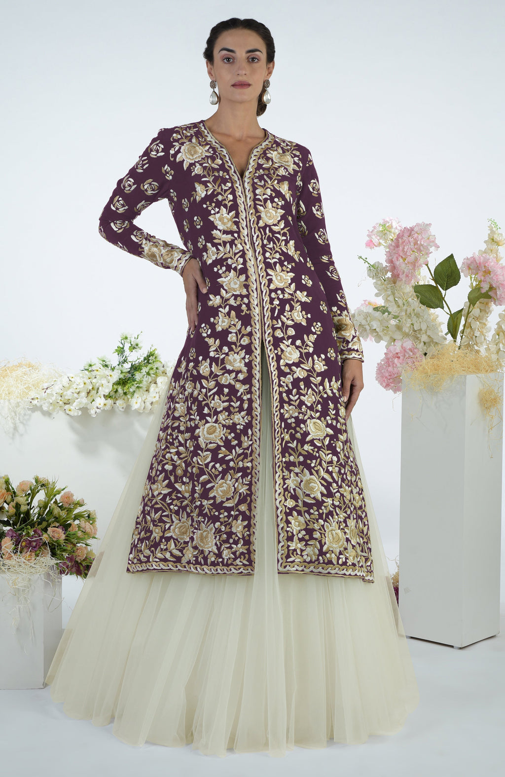 Plum jacket with ivory and beige Parsi Gara floral embroidery paired with a full tulle skirt