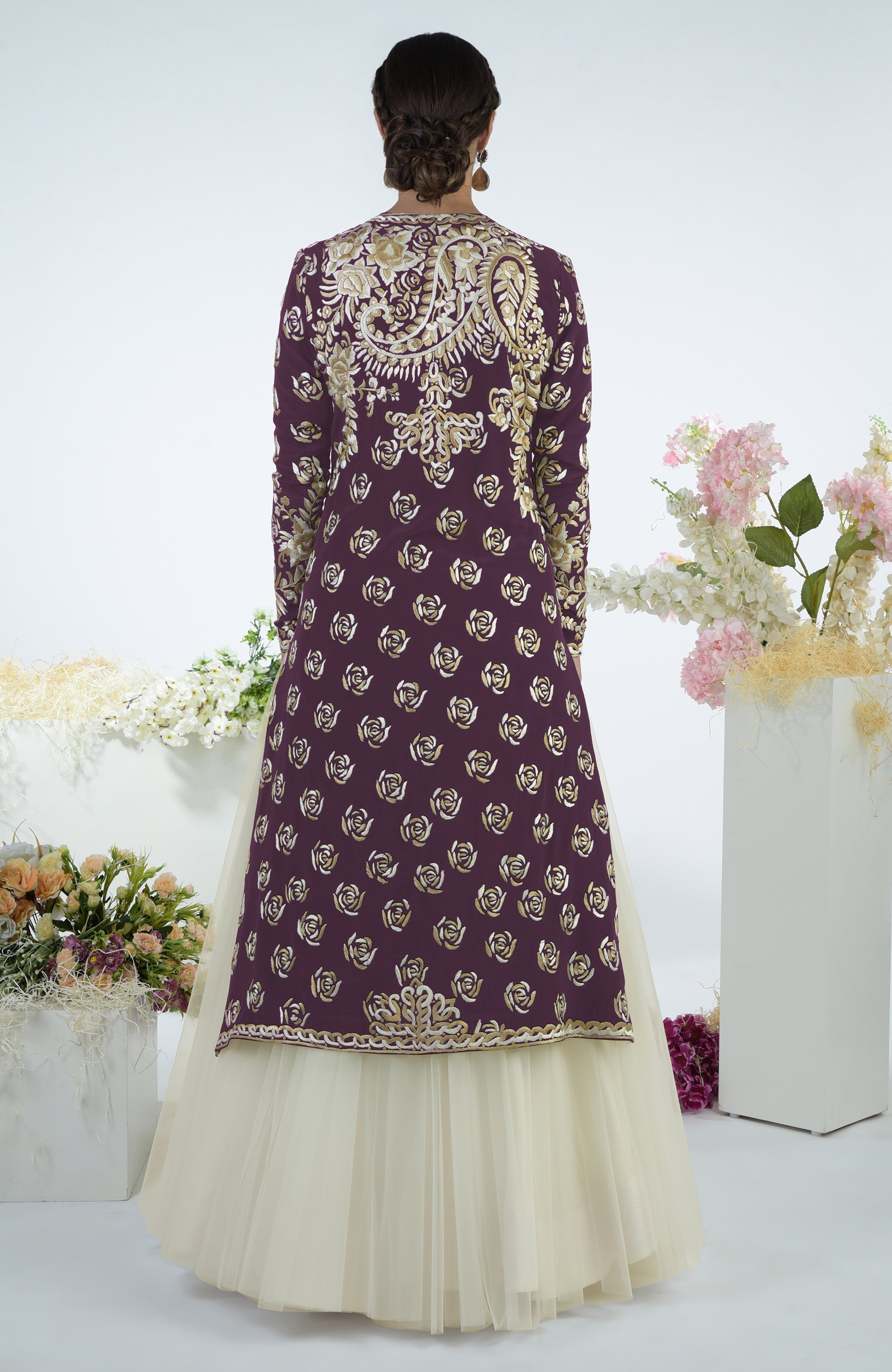 Plum jacket with ivory and beige floral Parsi Gara embroidery paired with a full tulle skirt