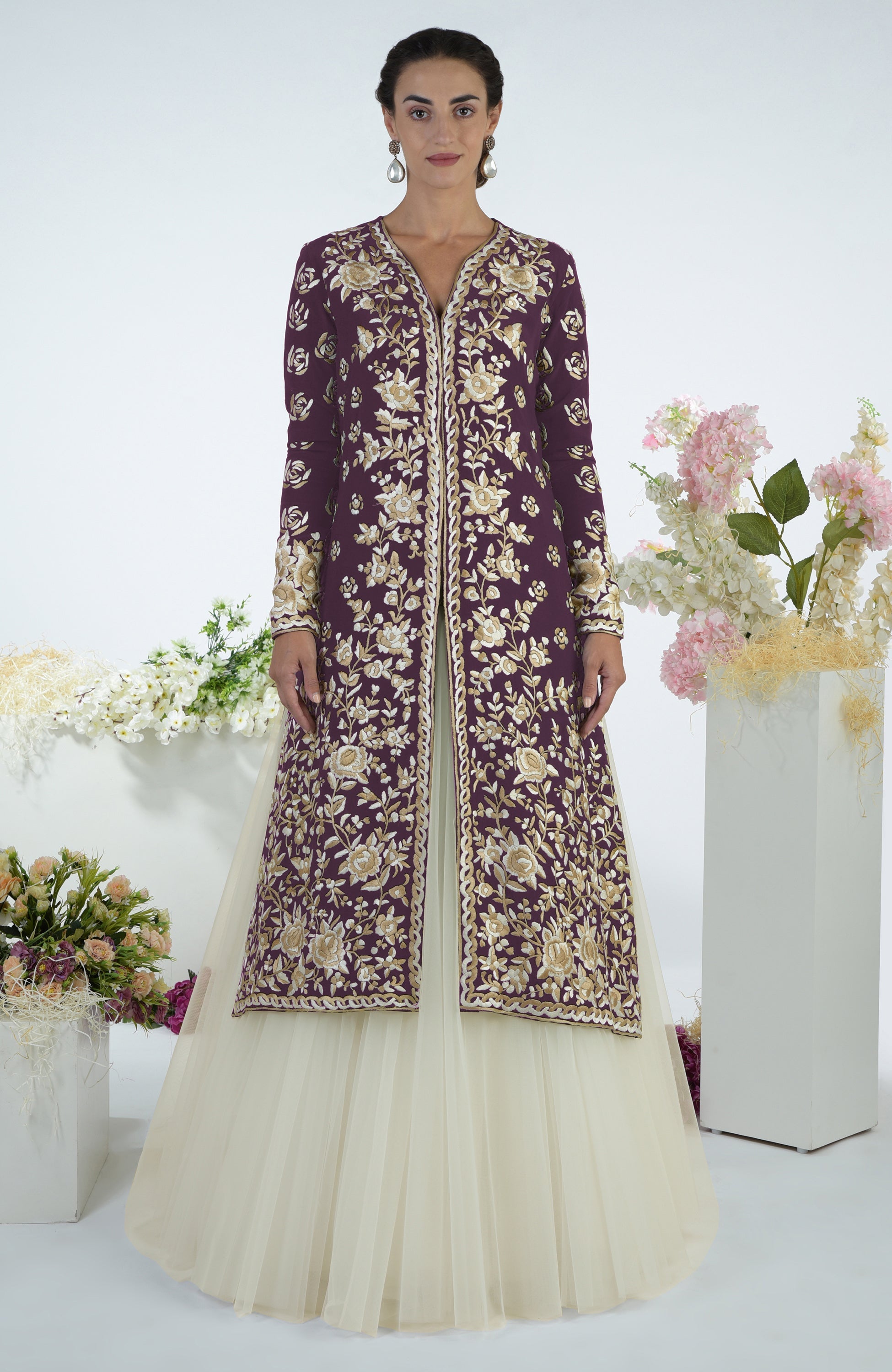 Plum jacket with ivory and beige Parsi Gara floral embroidery paired with a full volume tulle skirt