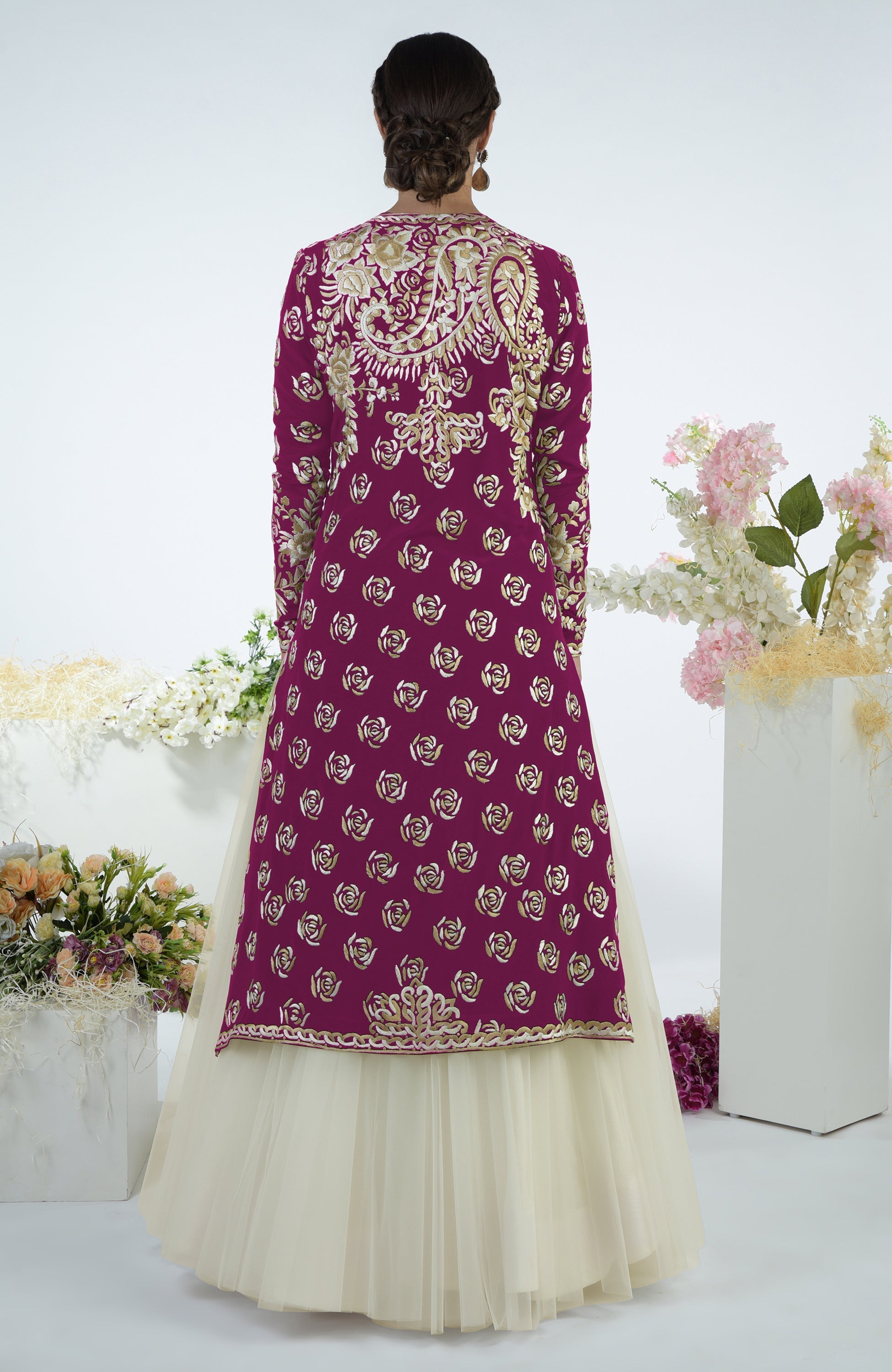 Peacock pink jacket with ivory and beige floral Parsi Gara embroidery and matching tulle skirt