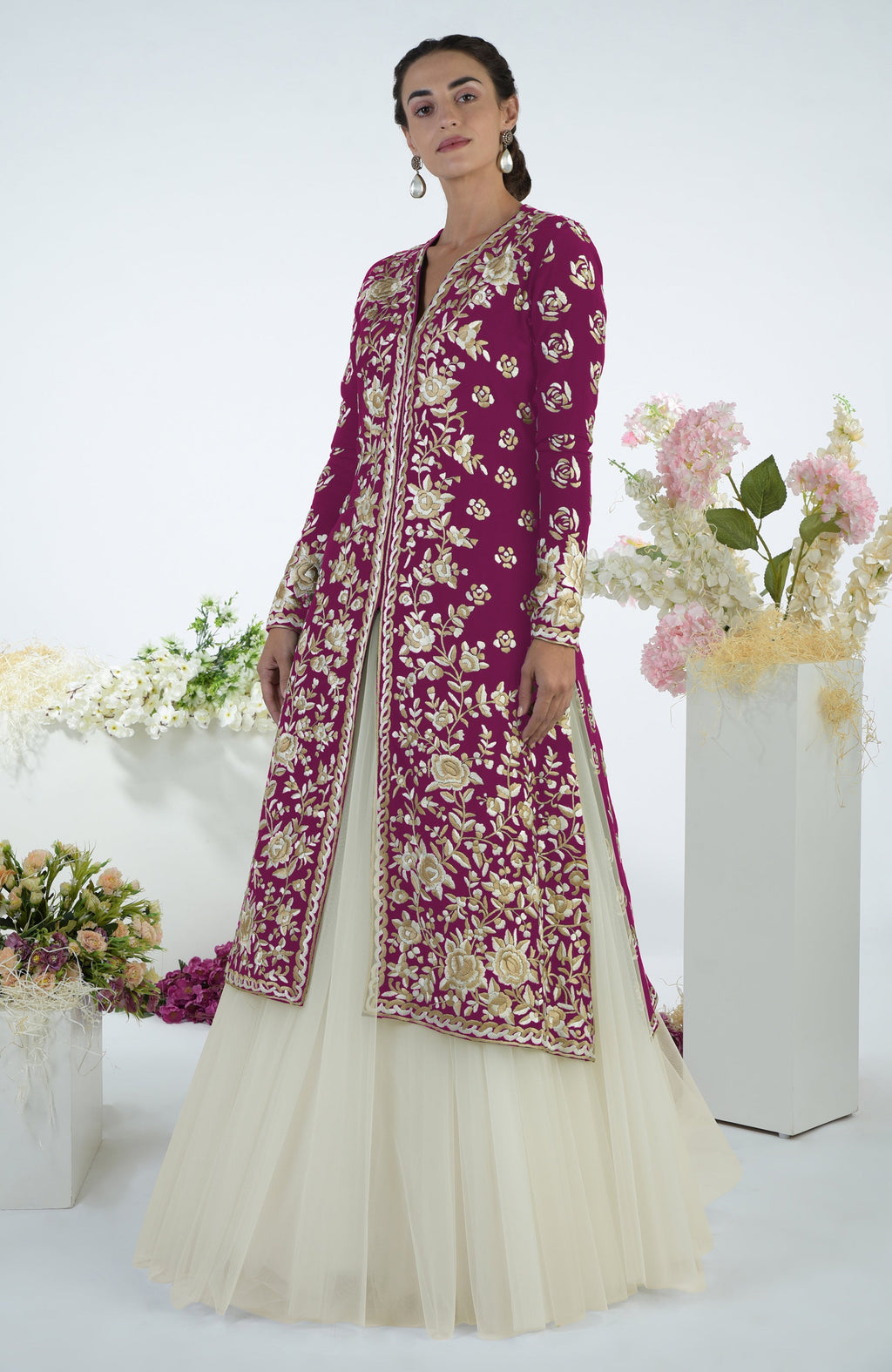 Peacock pink jacket with ivory and beige floral Parsi Gara embroidery and matching tulle skirt