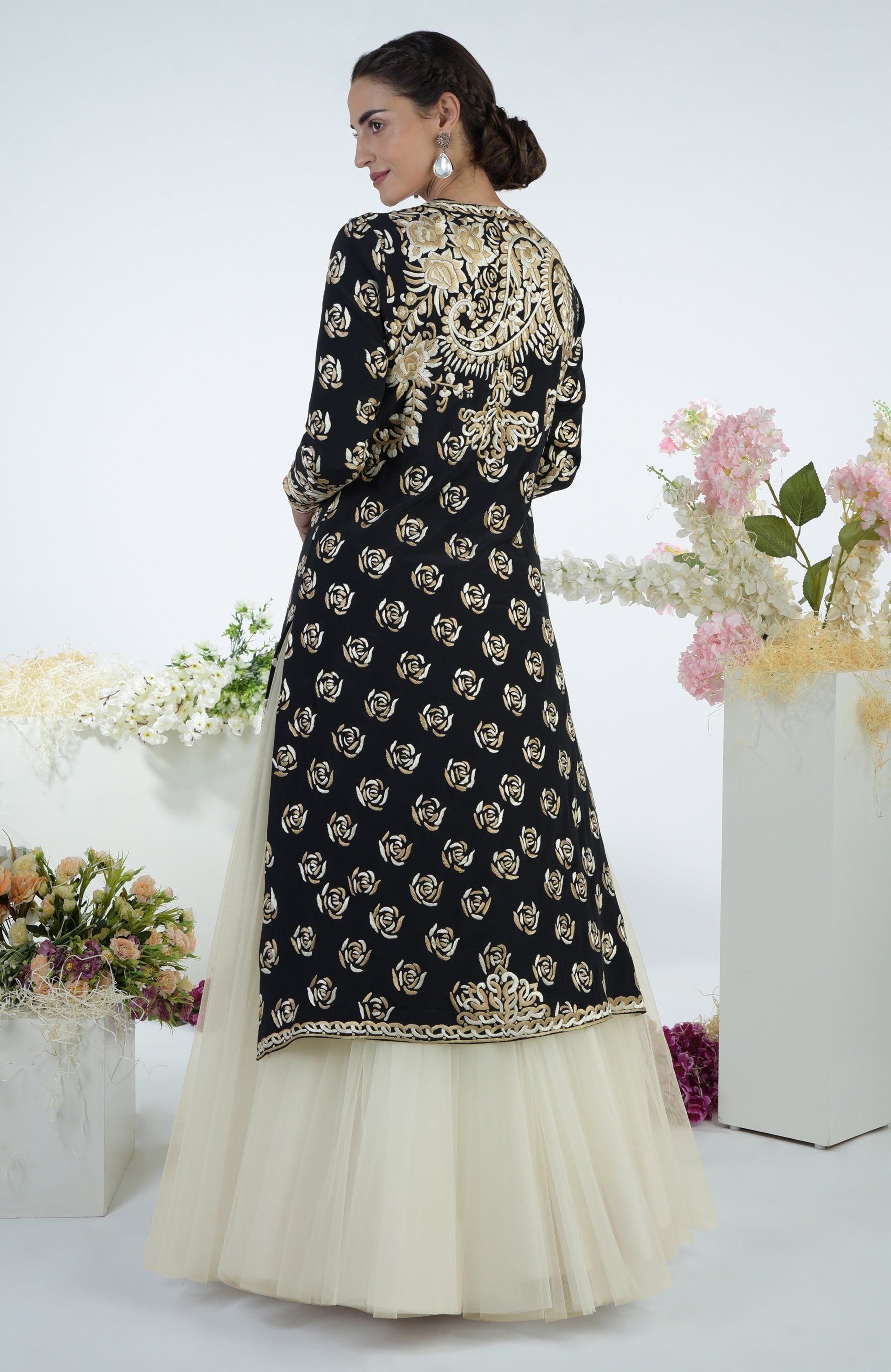 Black jacket with ivory and beige floral Parsi Gara embroidery and matching full tulle skirt