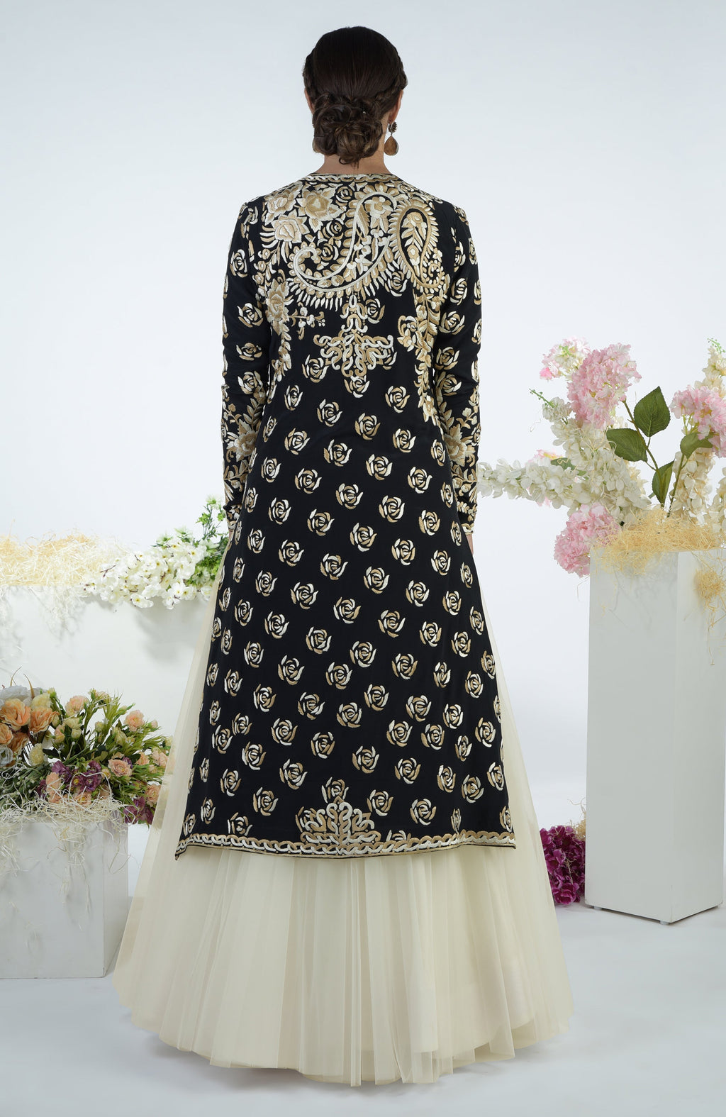 Black jacket with ivory and beige floral Parsi Gara embroidery and matching full volume tulle skirt