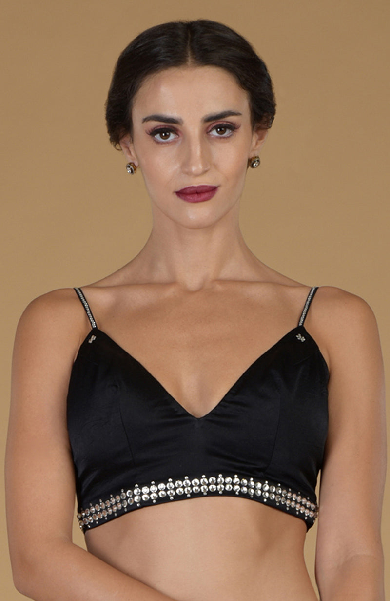 Black V-neck blouse with Swarovski crystal embellished straps and waistline.