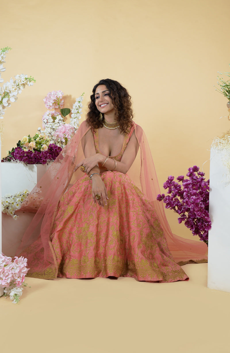 Peach Echo Kashmiri Chinar Tilla Embroidered Lehenga Set with a net dupatta.