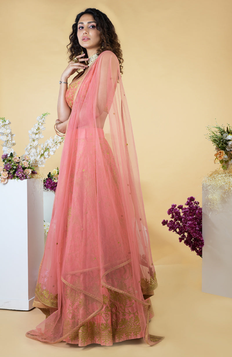 Peach Echo Kashmiri Chinar Tilla Embroidered Lehenga Set with a net dupatta.