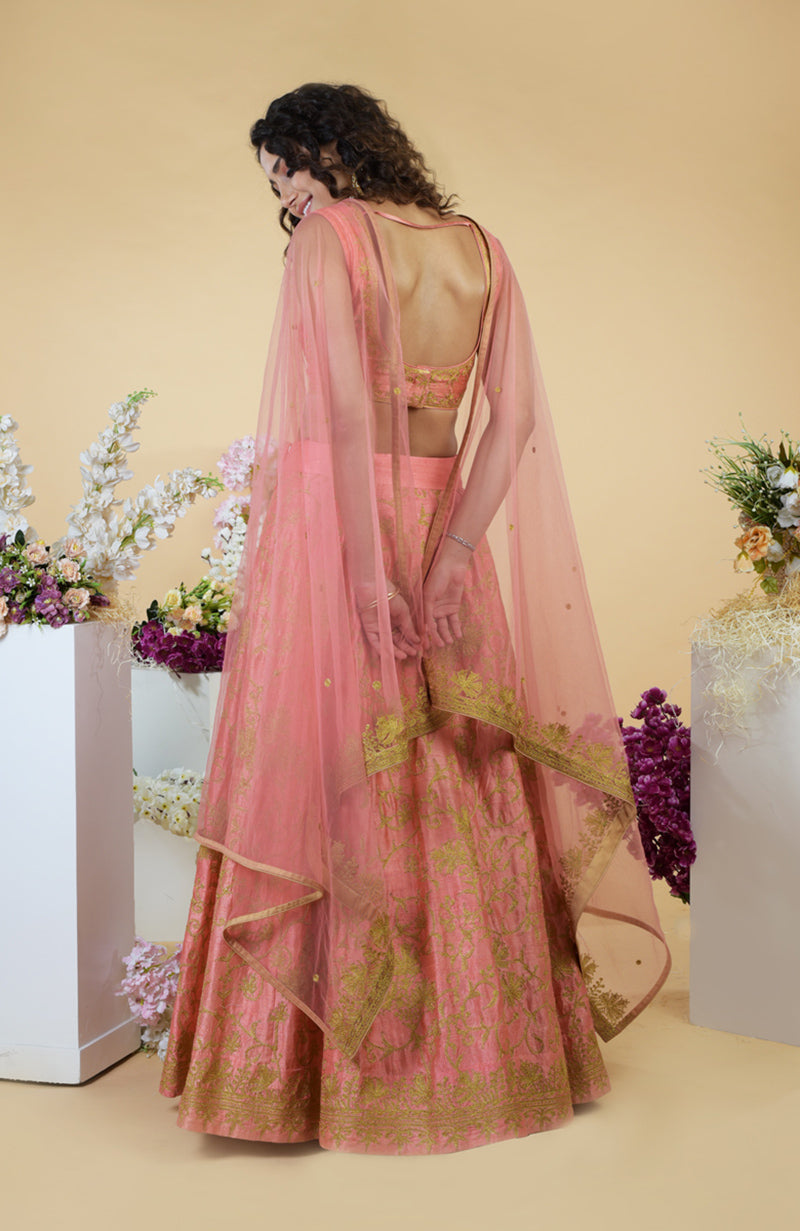 Peach Echo Kashmiri Chinar Tilla Embroidered Lehenga Set with a sheer dupatta.