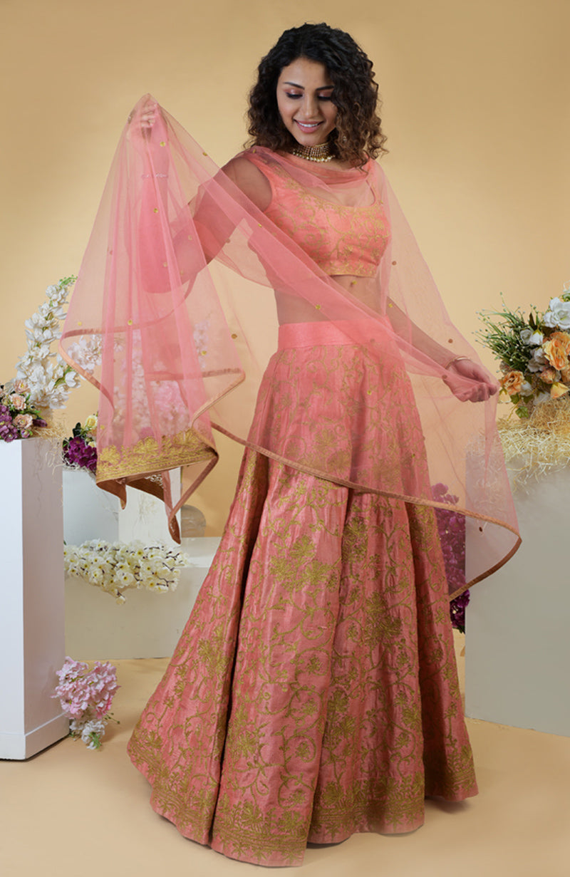 Peach Echo Kashmiri Chinar Tilla Embroidered Lehenga Set with net dupatta.