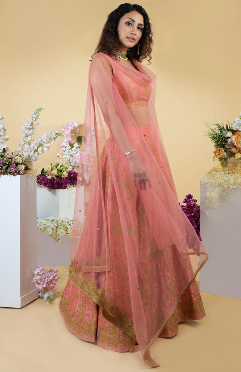 Peach Echo Kashmiri Chinar Tilla Embroidered Lehenga Set.