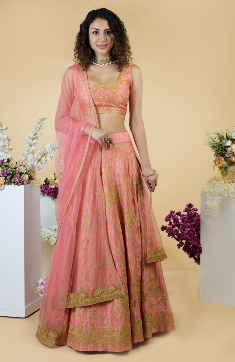 Peach Echo Kashmiri Chinar Tilla Embroidered Lehenga Set with gold details.