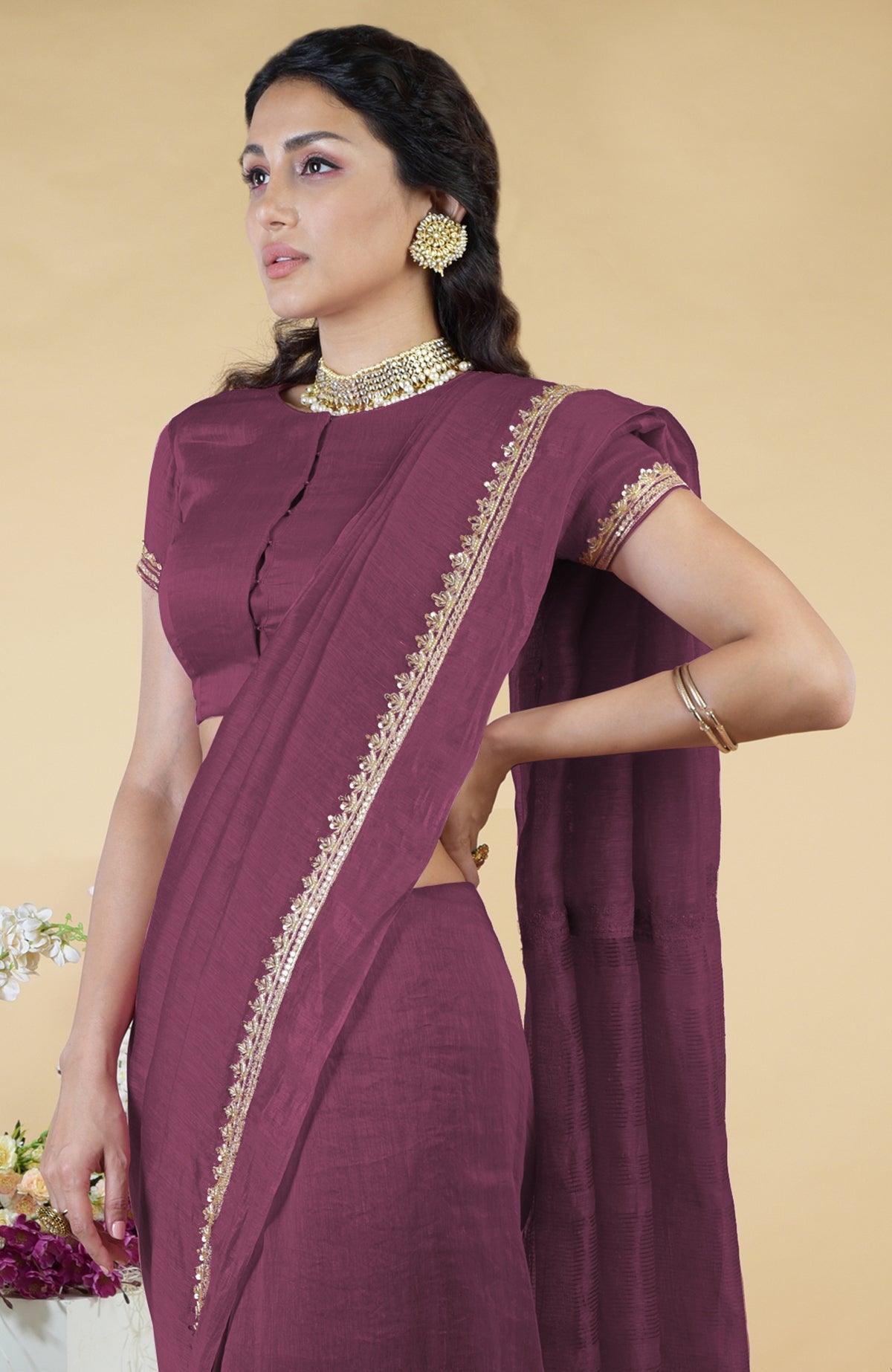Burgundy purple linen saree with hand-embroidered gold zardozi work and matching blouse