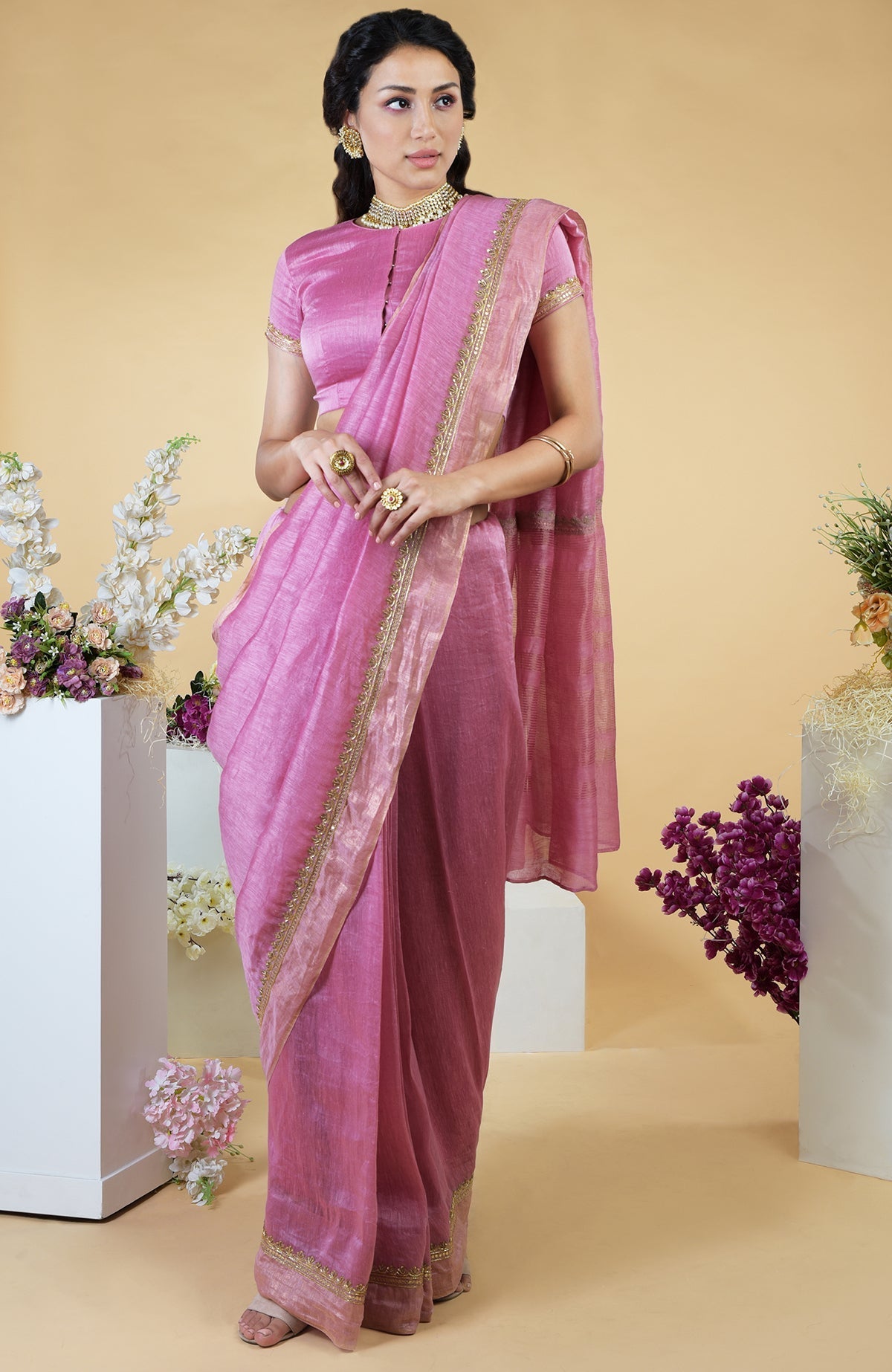 Burgundy purple linen saree with hand-embroidered gold zardozi work and matching blouse
