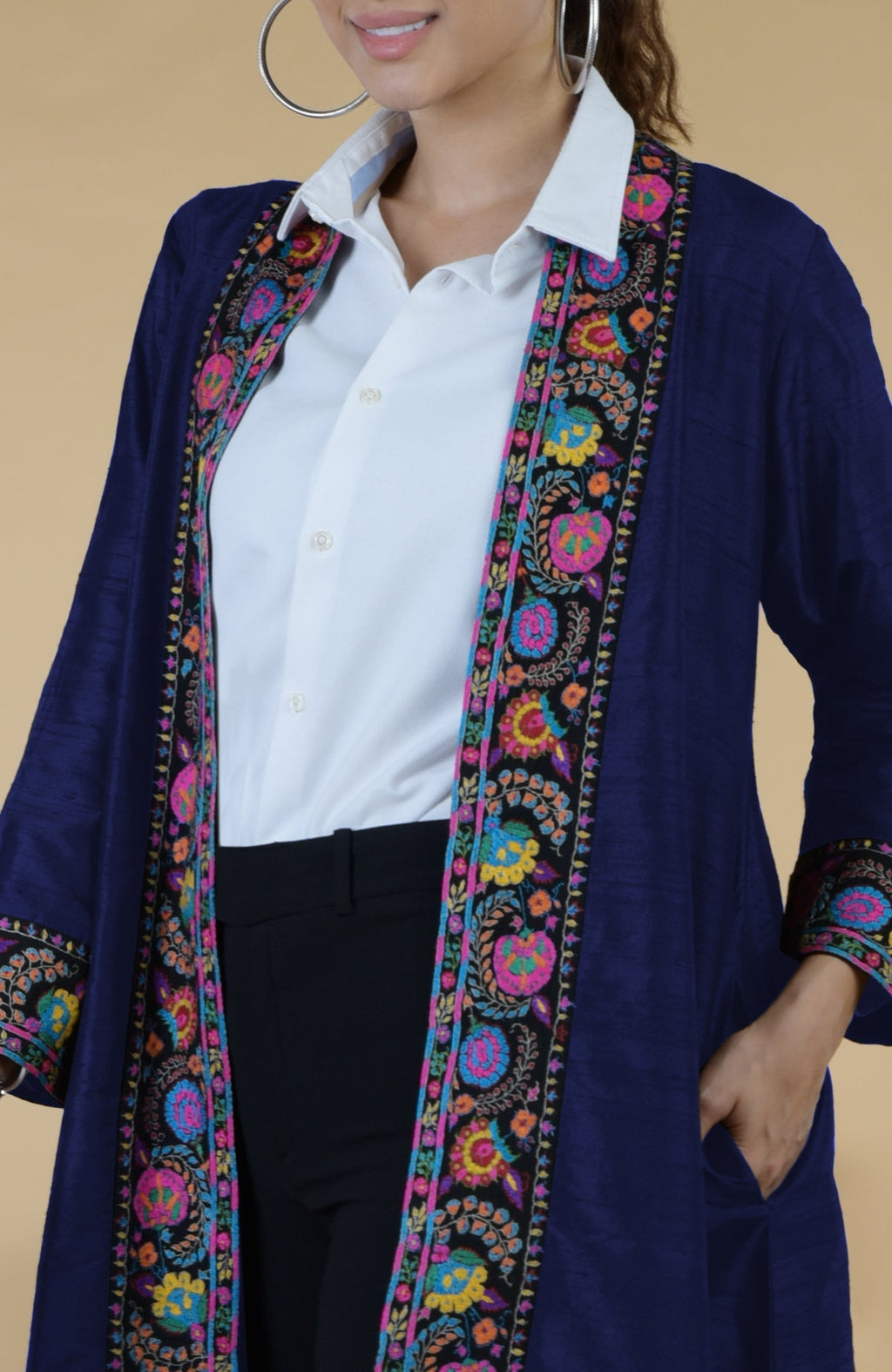 Blue silk kimono jacket with multicolor Kashmiri hand-embroidered floral borders and full sleeves.