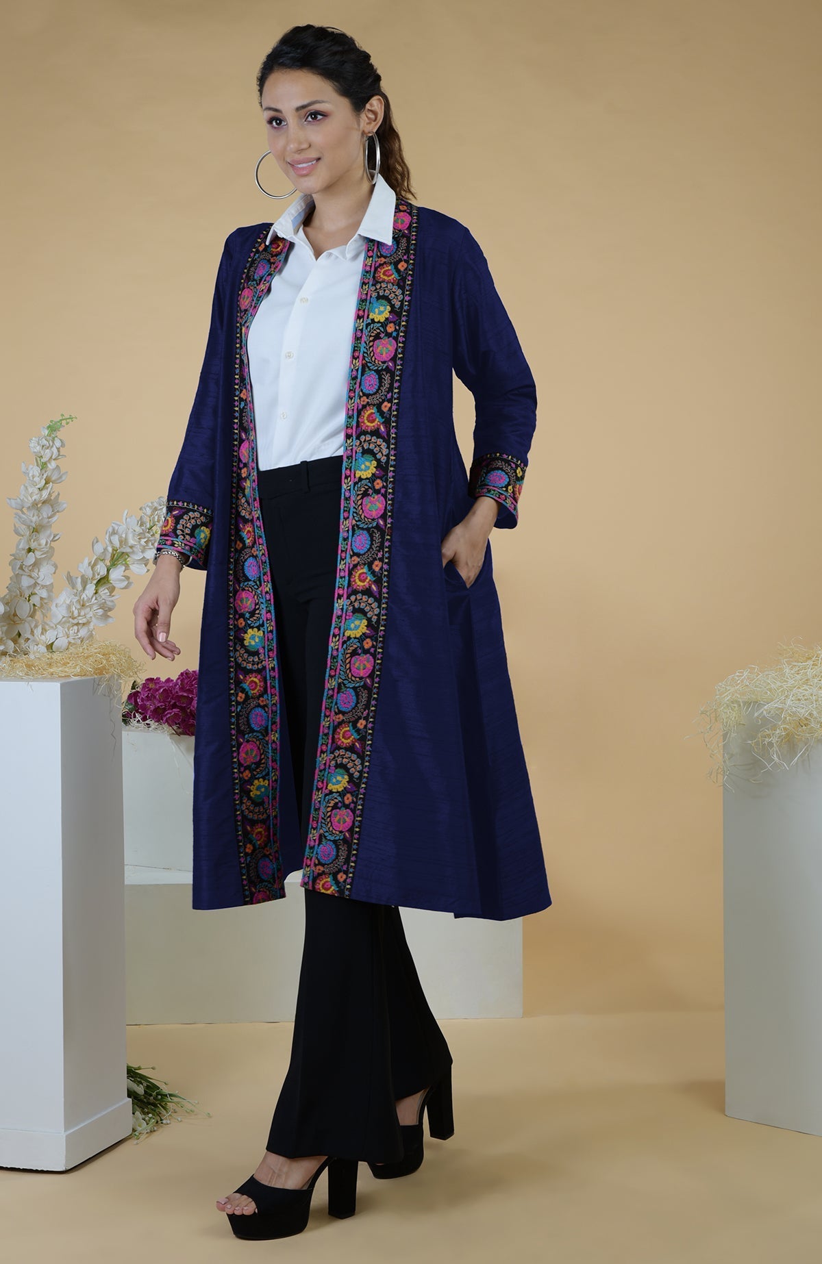 Blue raw silk kimono jacket with multicolor Kashmiri hand-embroidered floral borders