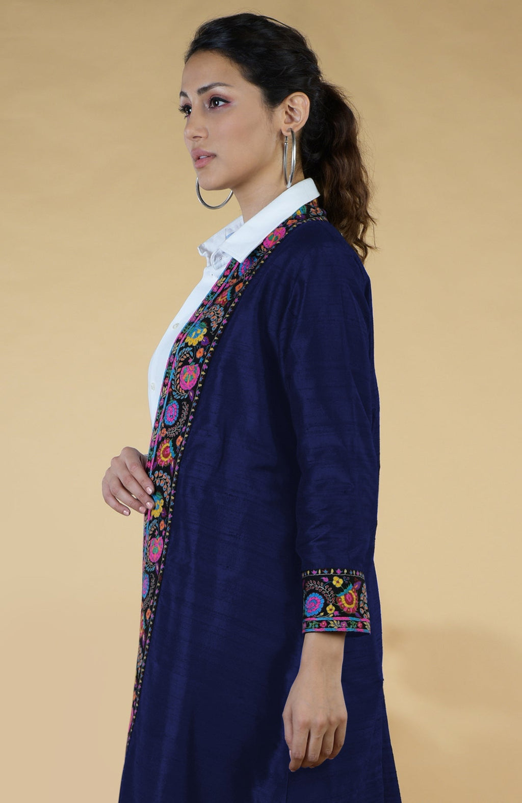 Blue raw silk kimono jacket with multicolor Kashmiri Kashidakari hand embroidery on borders