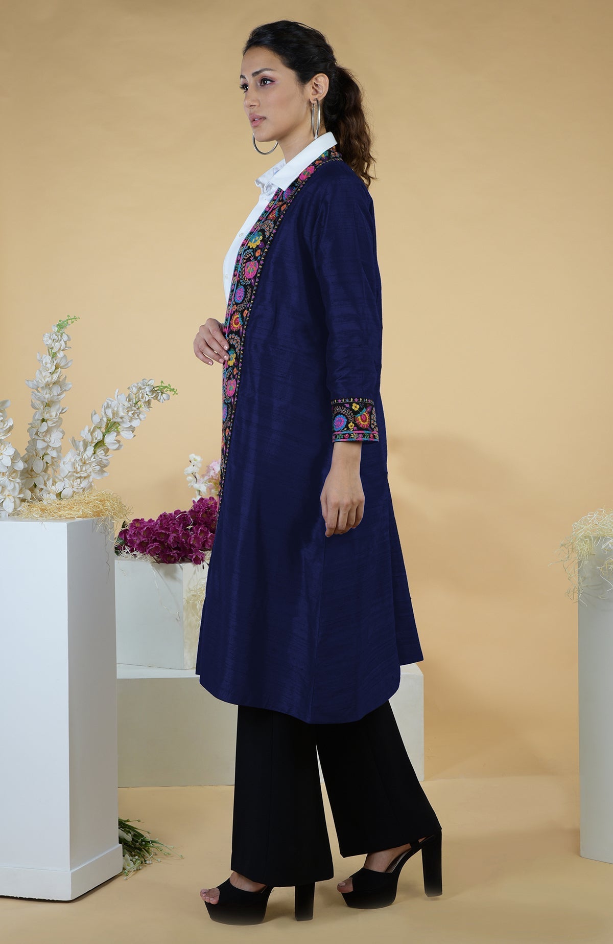 Blue raw silk kimono jacket with multicolor floral Kashmiri hand embroidery on borders and sleeves