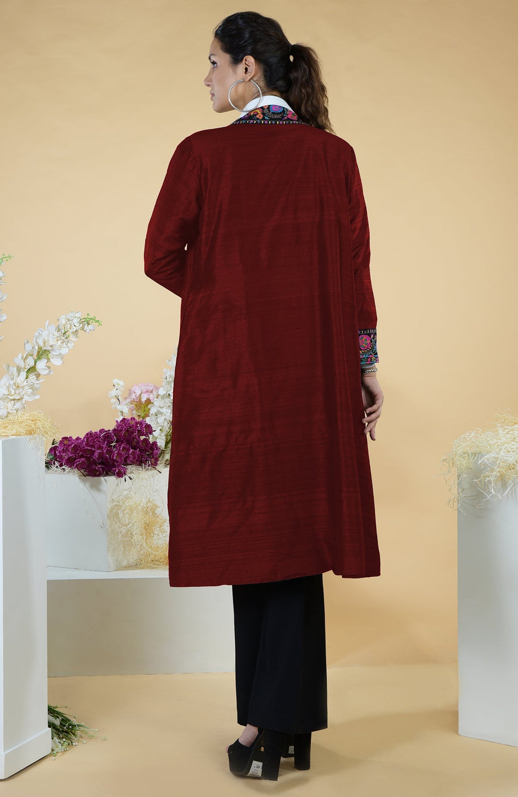 Maroon raw silk kimono jacket with multicolor hand-embroidered Kashmiri Kashidakari borders