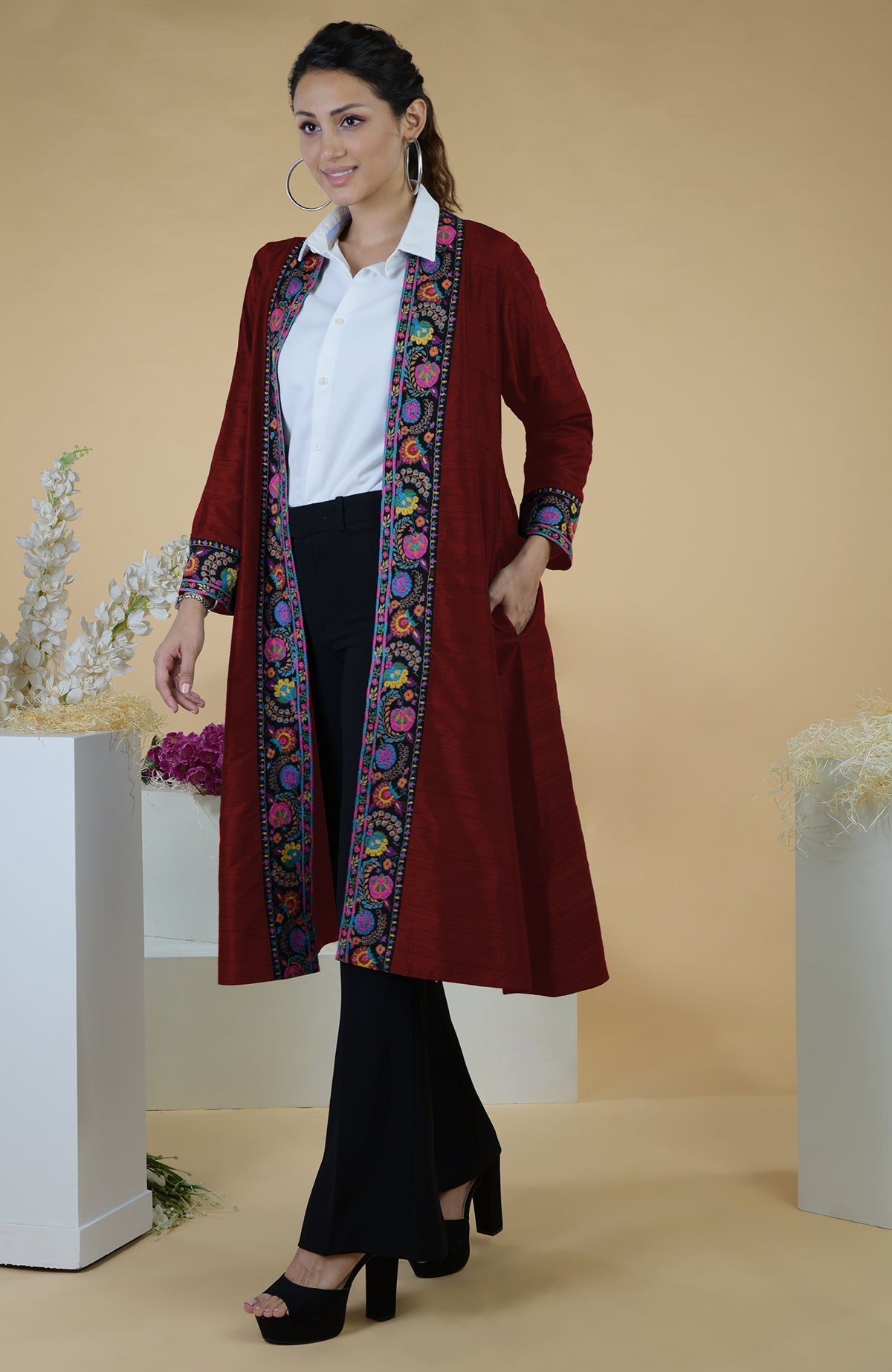Maroon silk kimono jacket with multicolor hand-embroidered Kashmiri Kashidakari borders