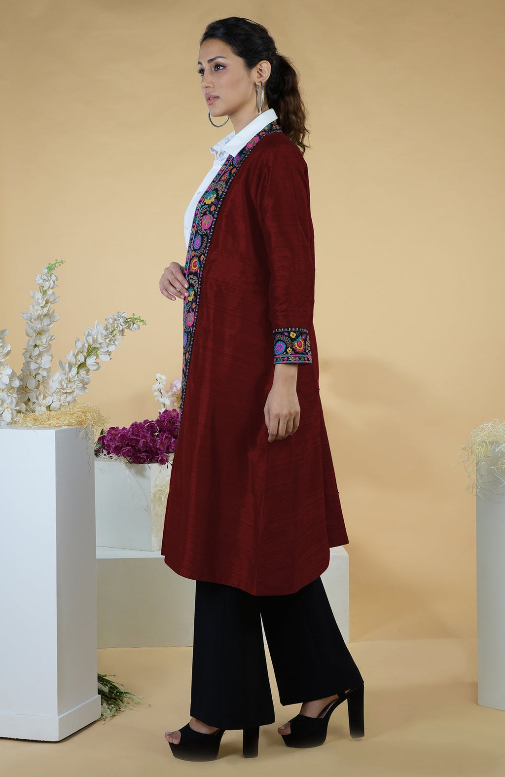 Maroon silk kimono jacket with multicolor hand-embroidered Kashmiri Kashidakari borders