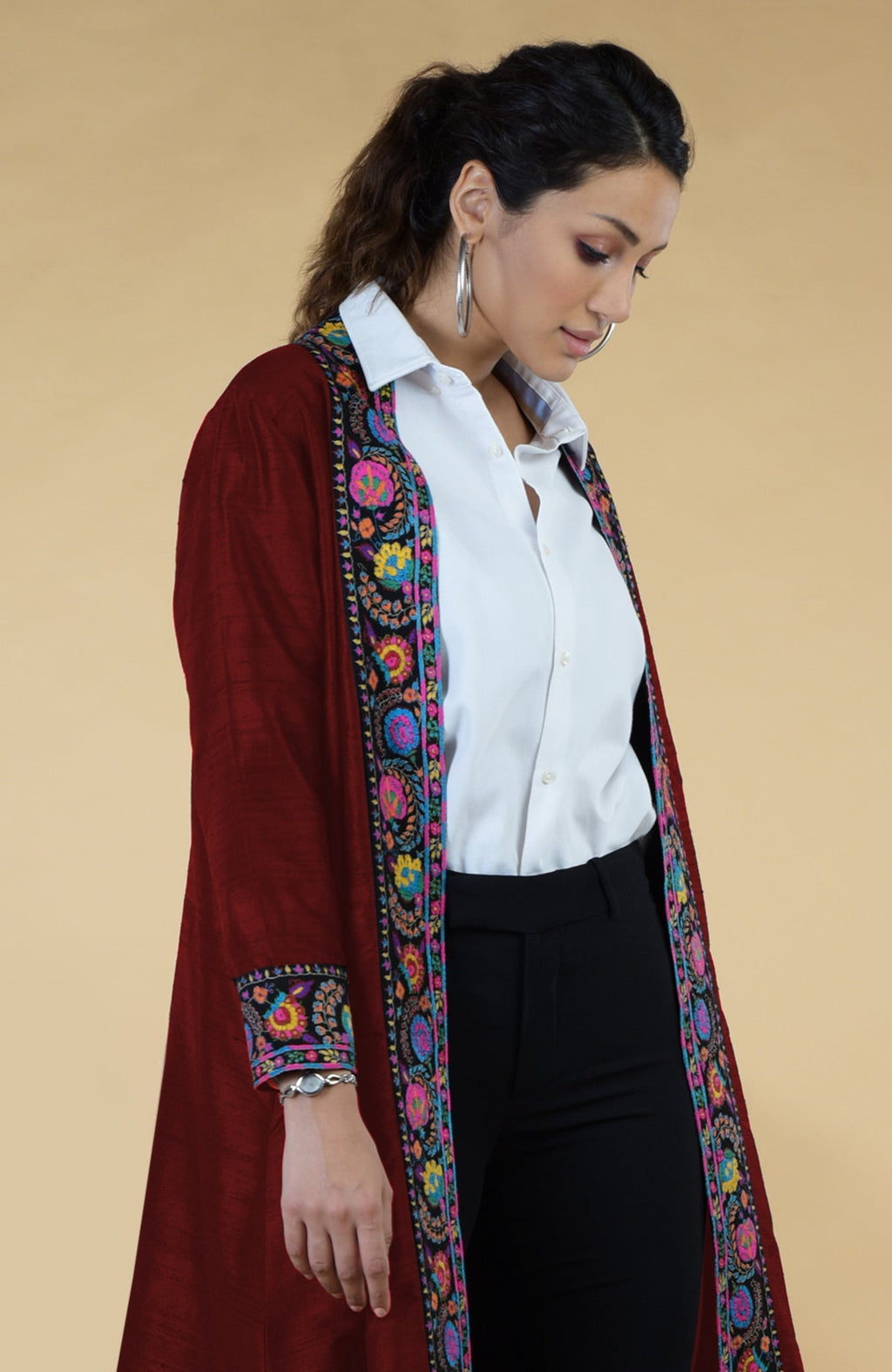 Maroon raw silk kimono jacket with multicolor Kashmiri hand-embroidered floral borders