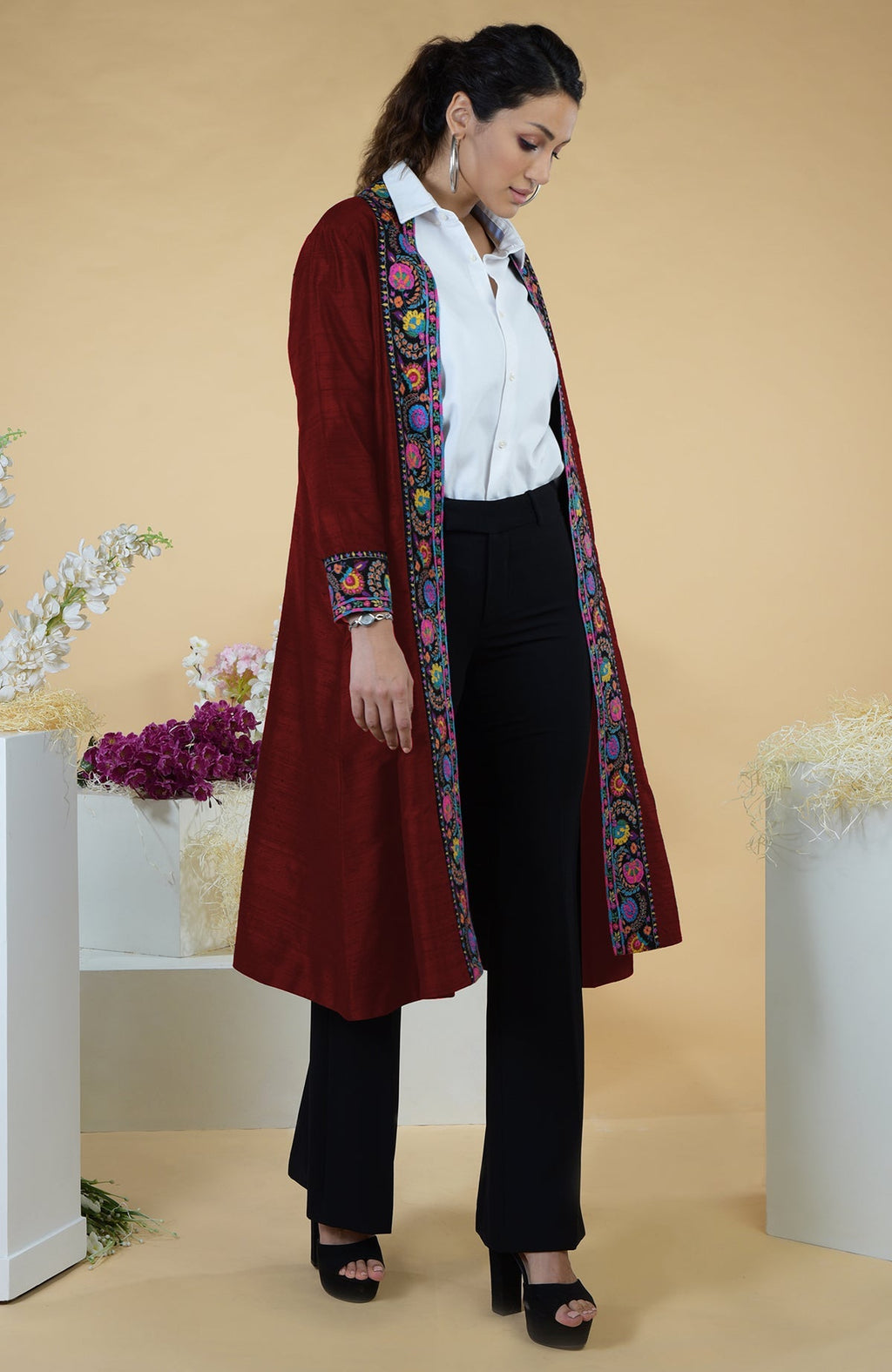 Maroon silk kimono jacket with multicolor hand-embroidered Kashmiri Kashidakari floral borders