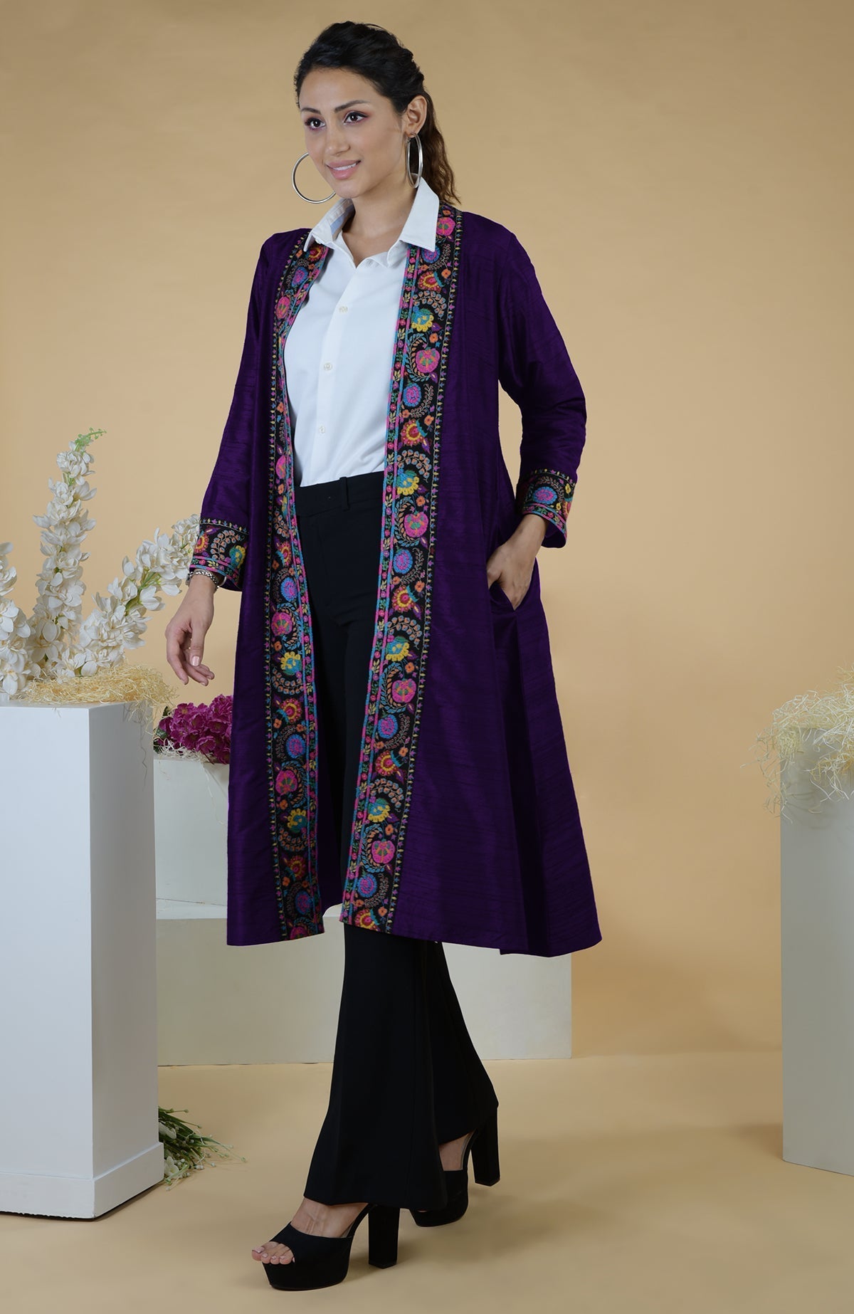 Maroon raw silk kimono jacket with multicolor Kashmiri hand embroidery on borders and sleeves