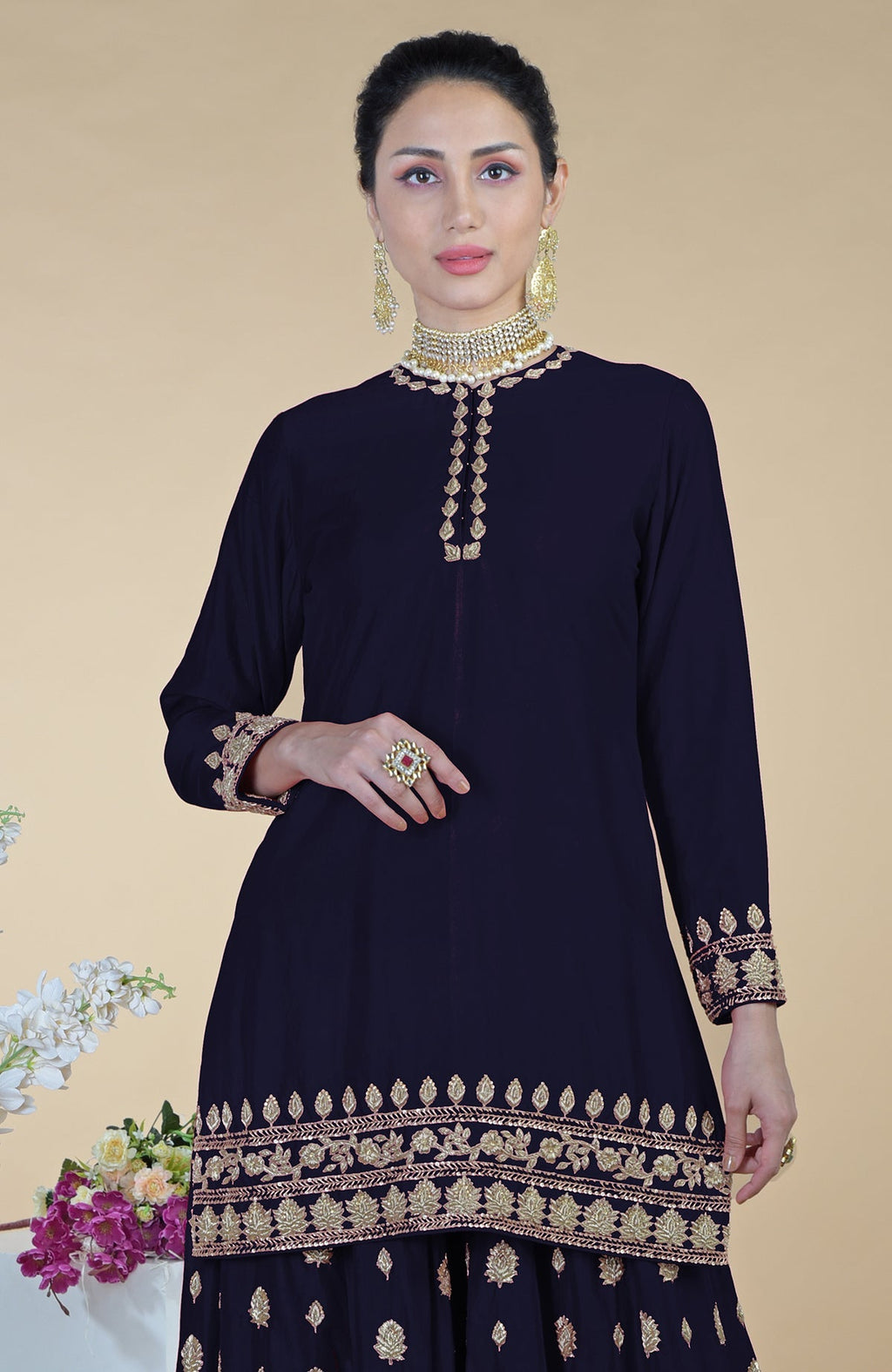 Midnight blue sharara set with gold zardozi dabka and sequin hand embroidery.