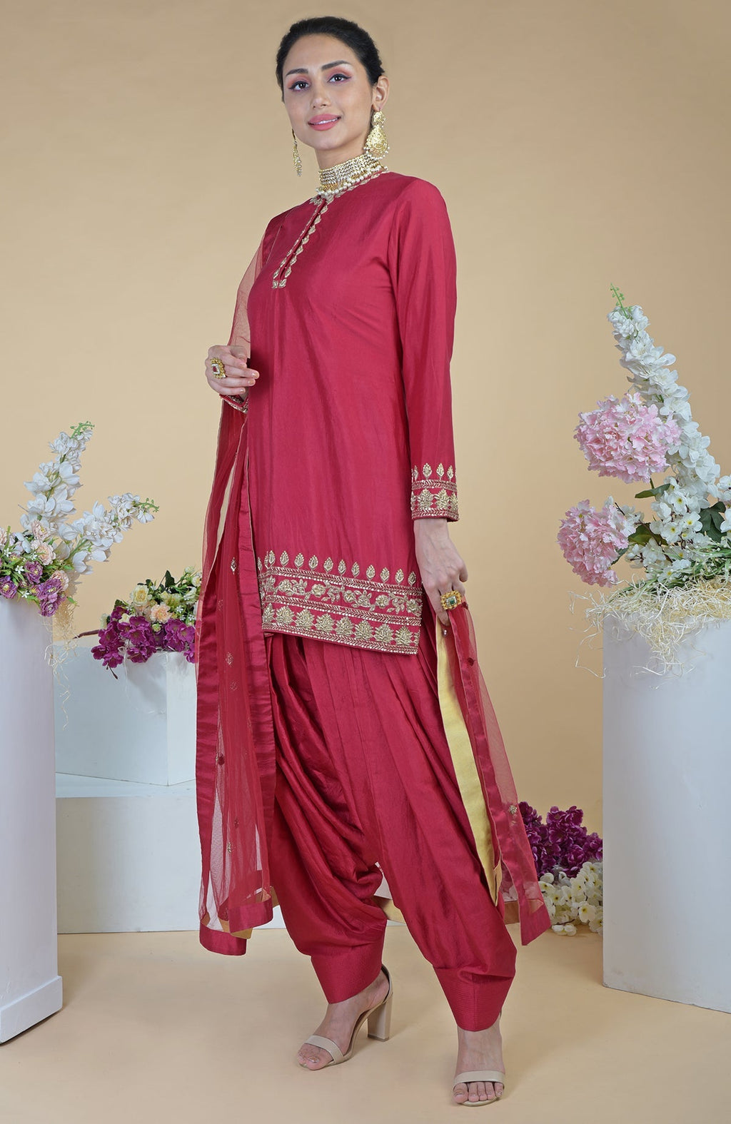 Red Zardozi Hand Embroidered Salwar Suit with a sheer tulle dupatta.