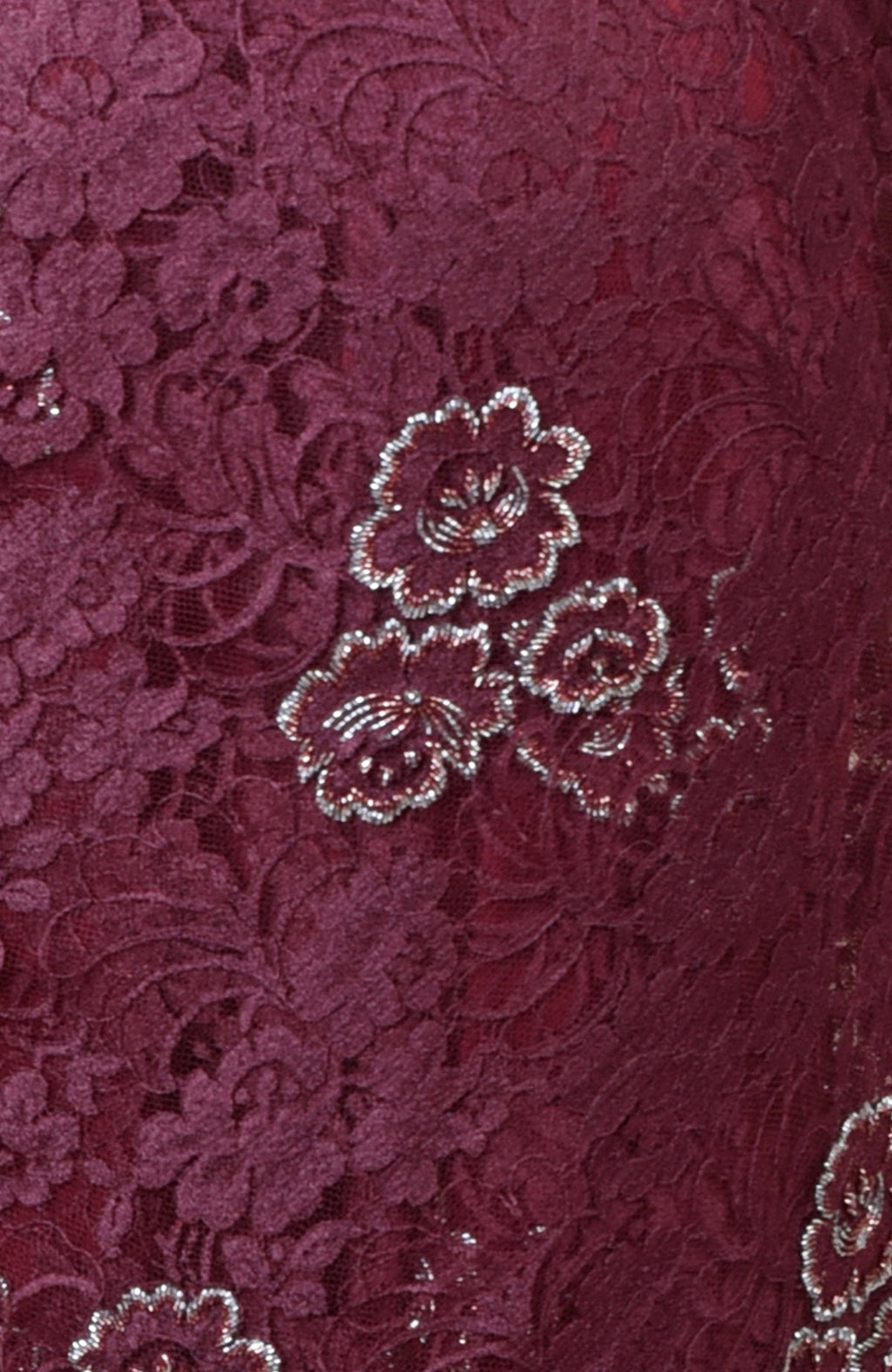 Burgundy French Chantilly lace saree with silver and burgundy hand-embroidered floral motifs.