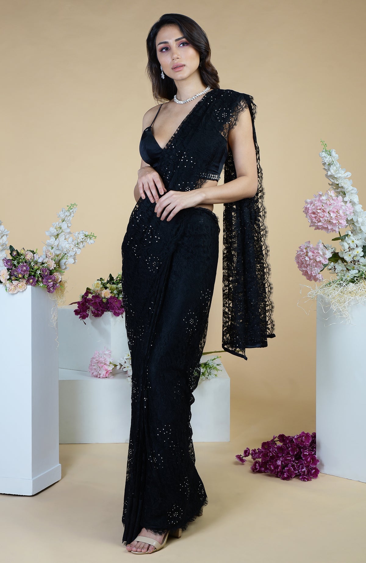 Blackberry wine French Chantilly lace saree with Swarovski crystal-embellished blouse