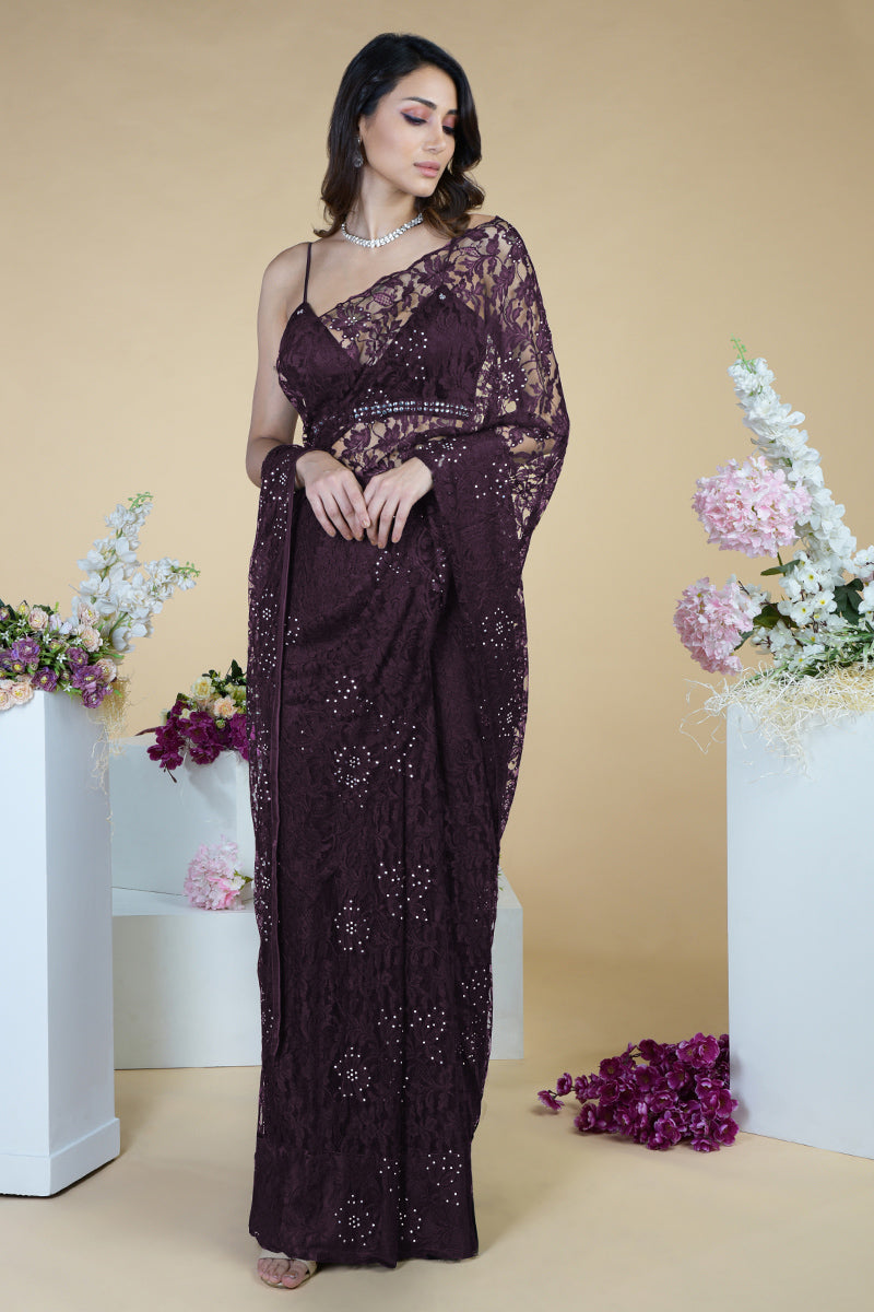 Love Potion French Chantilly lace saree with Swarovski crystal-embellished blouse in soft pink shade