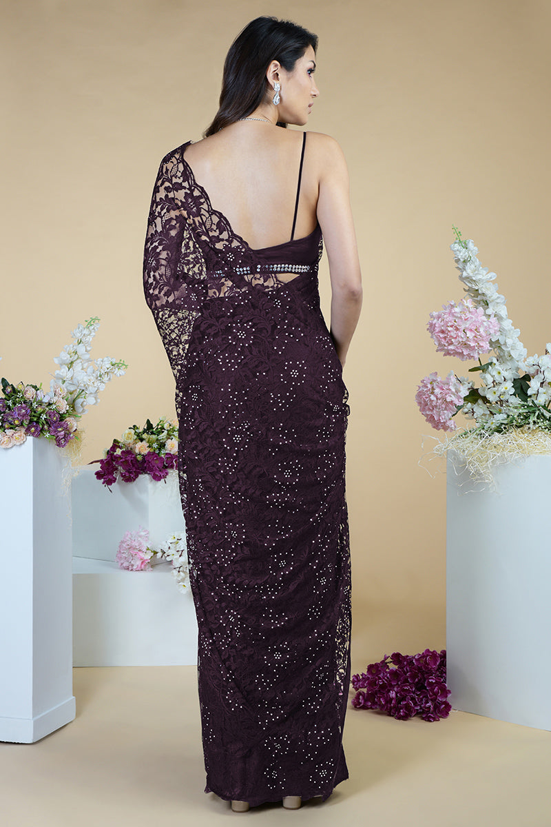 Blackberry wine French Chantilly lace saree with Swarovski crystal embellishments and matching blouse