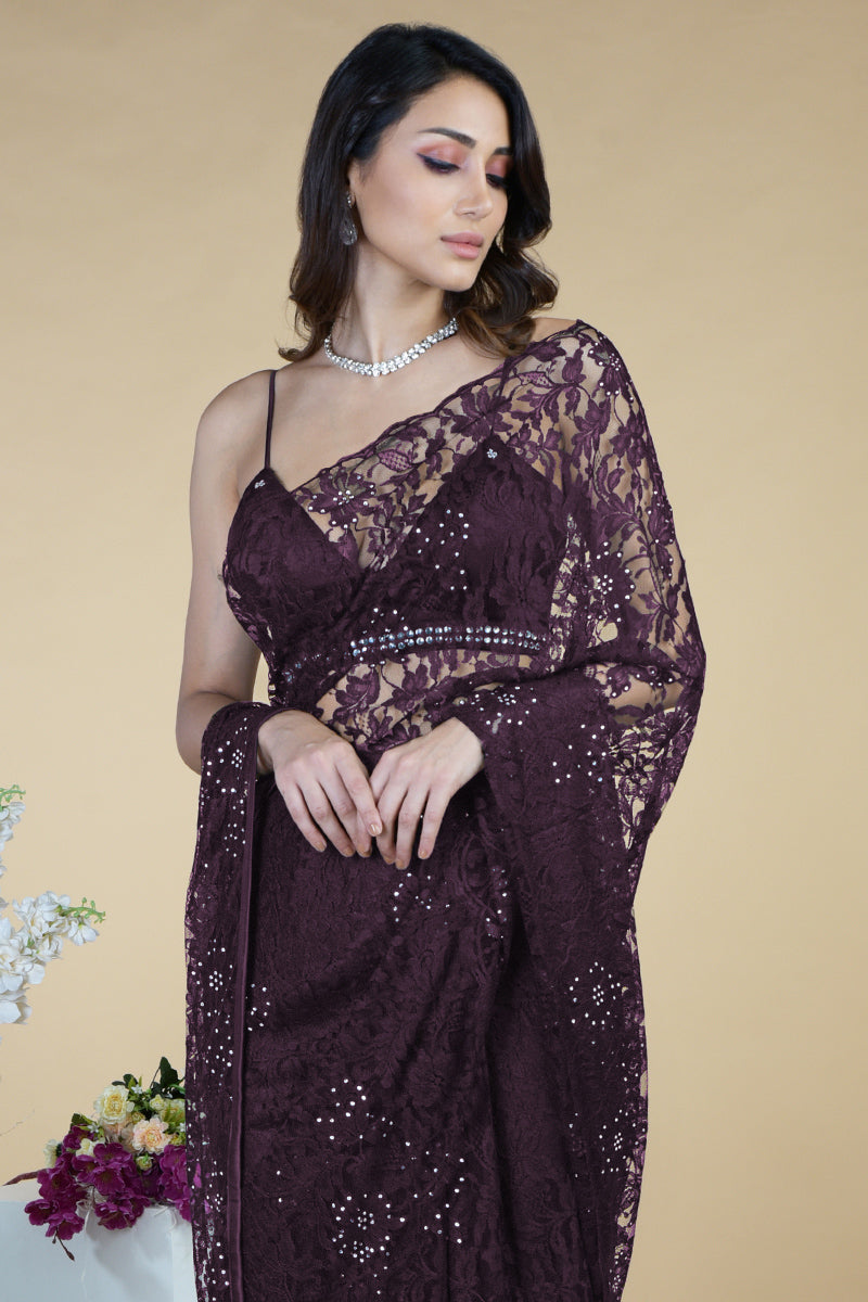 Blackberry wine French Chantilly lace saree with Swarovski crystal-embellished blouse