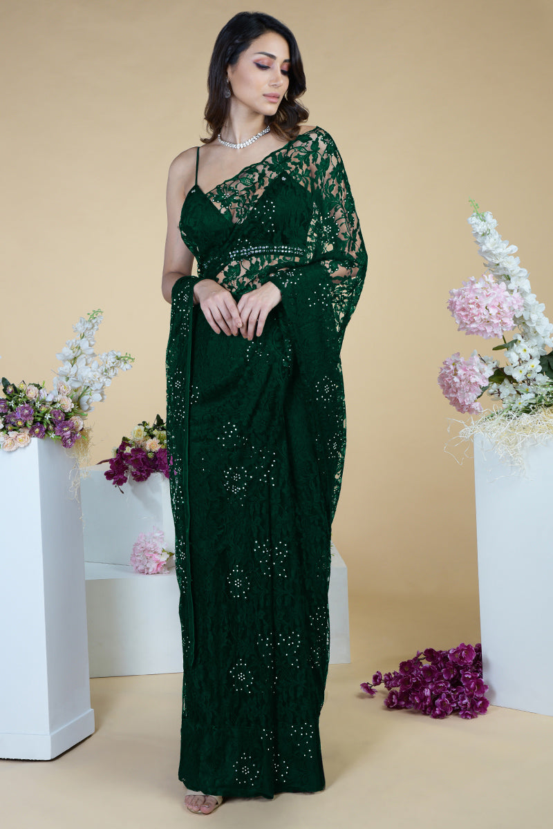 French Chantilly lace saree in love potion shade with Swarovski crystal-embellished blouse
