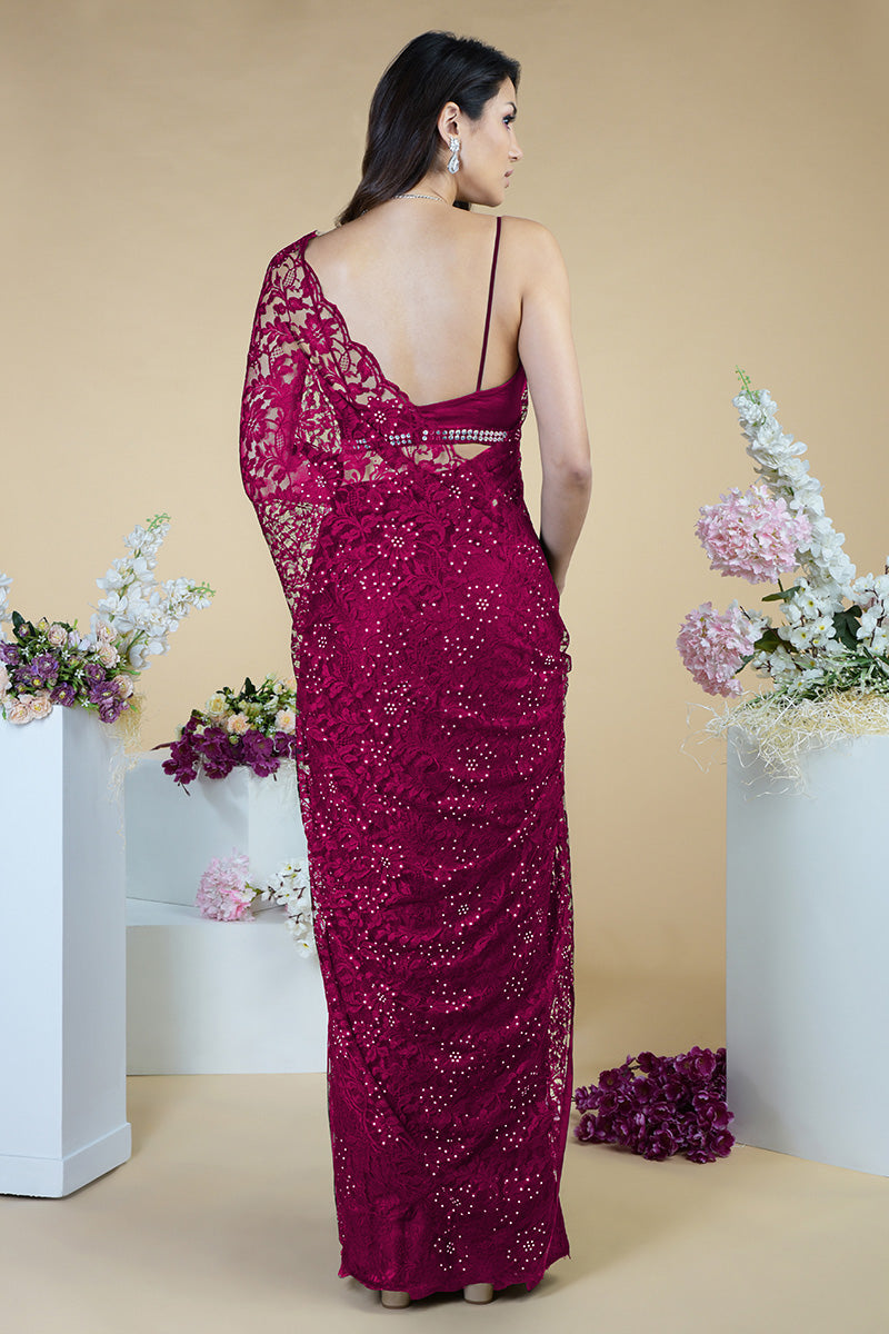 Love Potion French Chantilly lace saree with Swarovski crystal embellishments and matching blouse