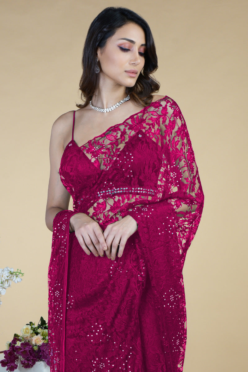 French Chantilly lace saree in love potion shade with Swarovski crystal-embellished blouse.