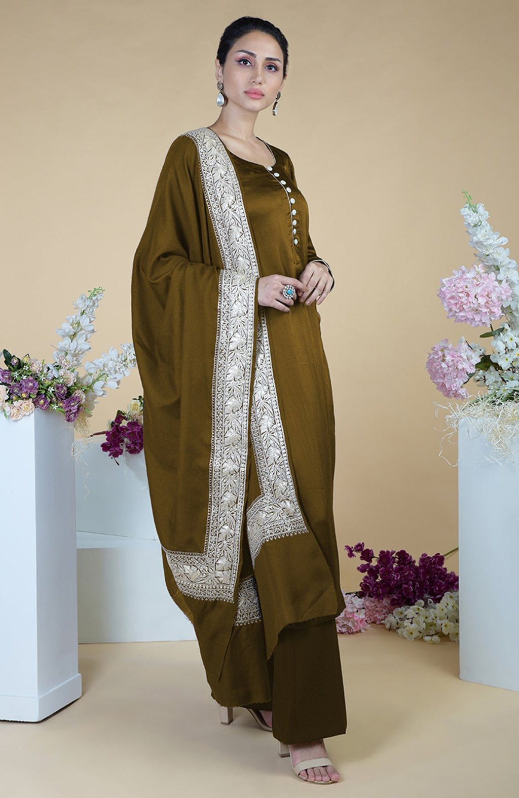 Burnt olive Kashmiri Tilla embroidered dupatta with suit.